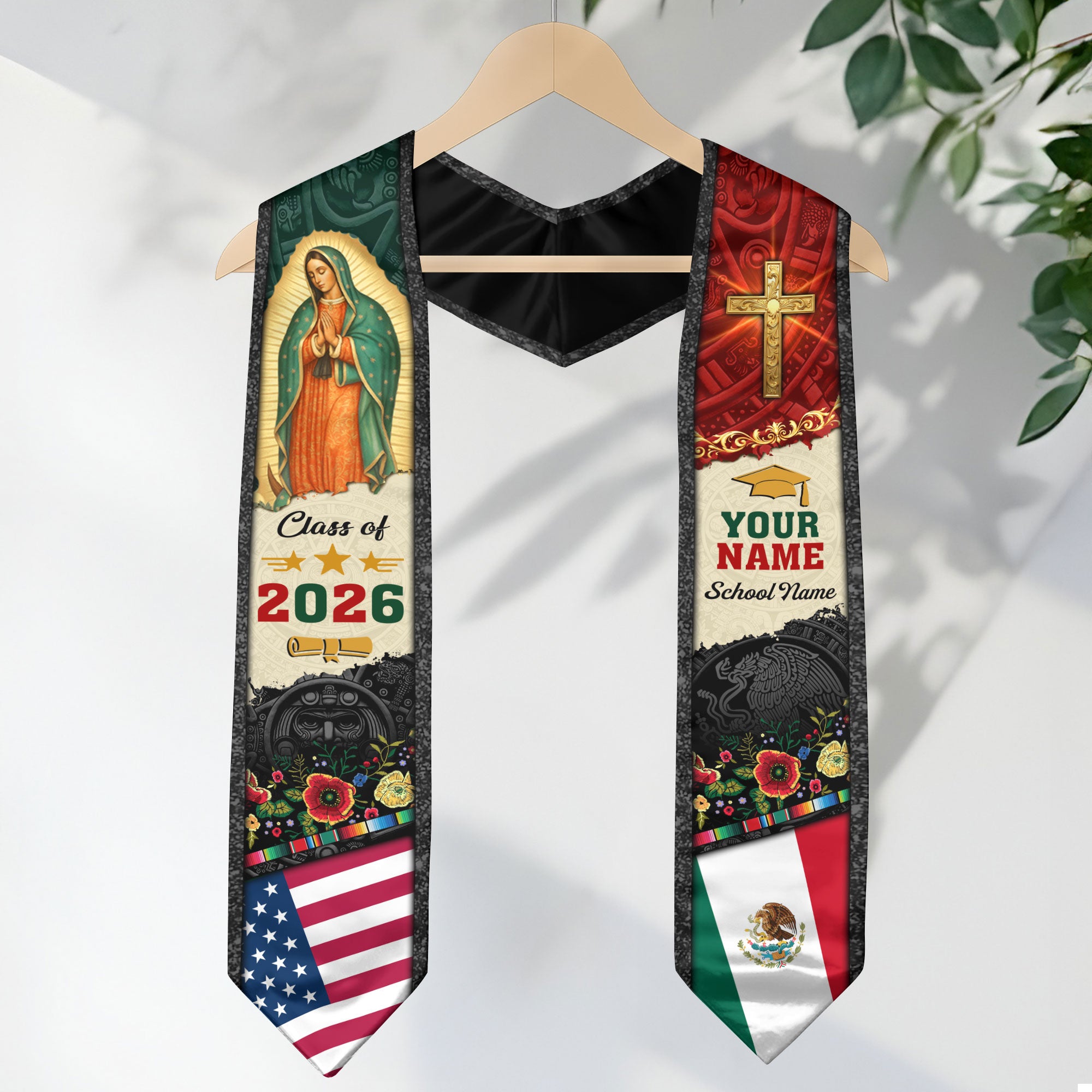 Mexican Graduation Stole Aztec Eagle Virgin Mary Cross Floral USA Flag Custom Sash