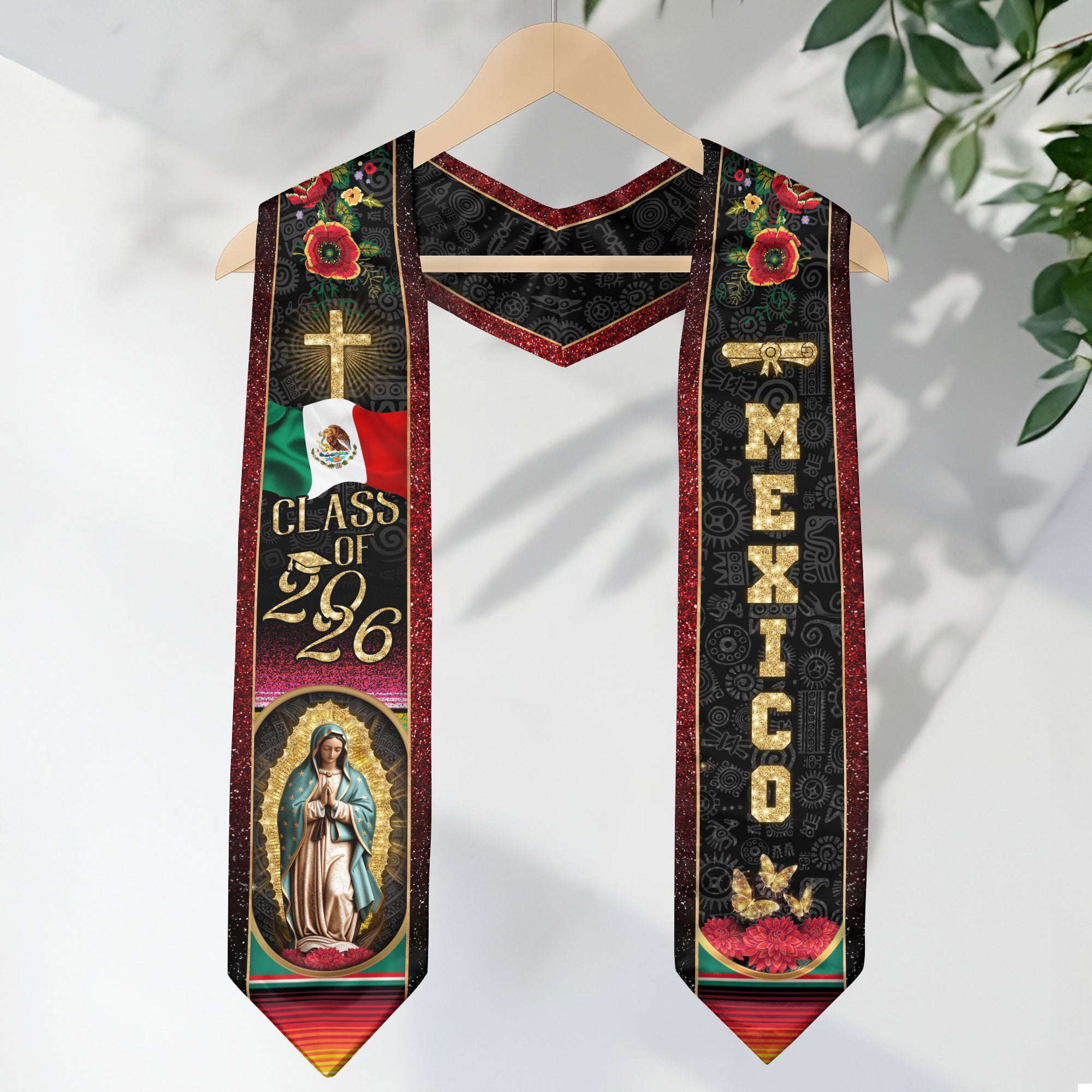 Mexican Graduation Stole Mexico Sash Aztec Virgin Mary Cross Flag Flow ...