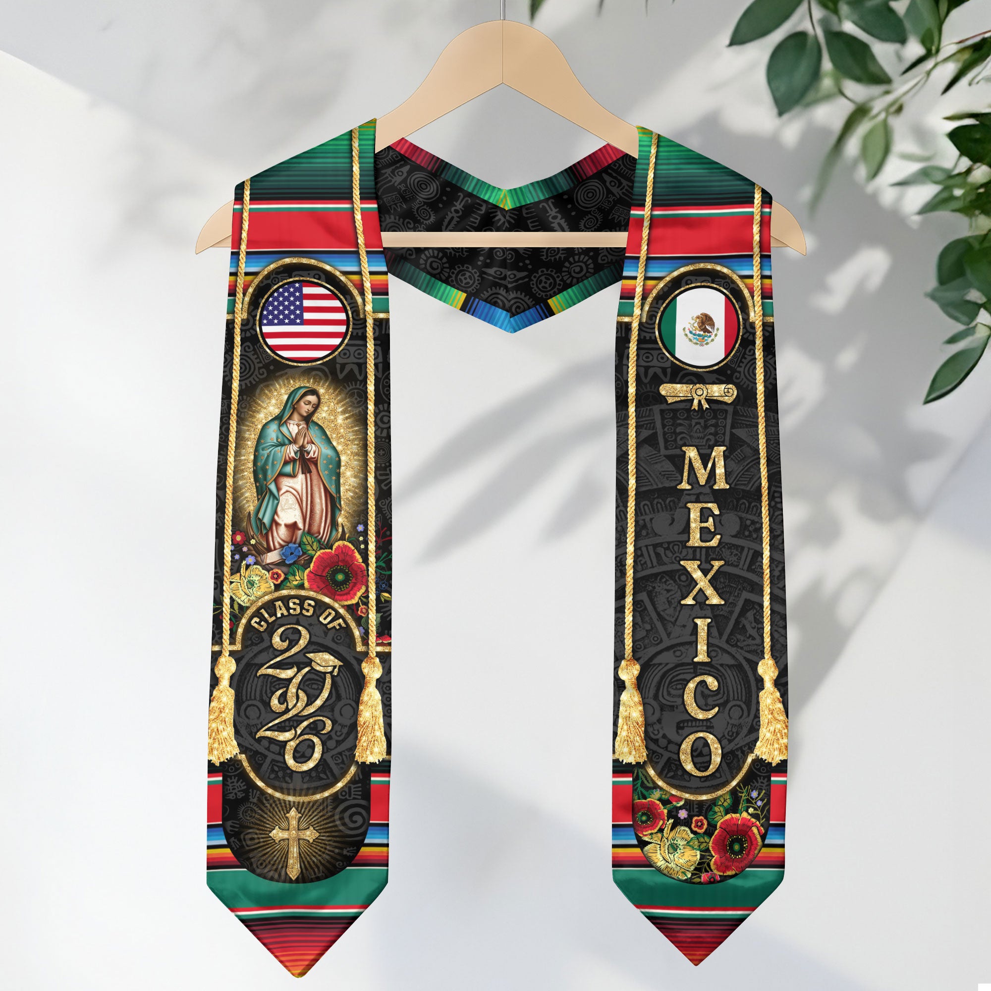 Mexican Graduation Stole Mexico USA Flag Aztec Virgin Mary Cross Flowers 2026