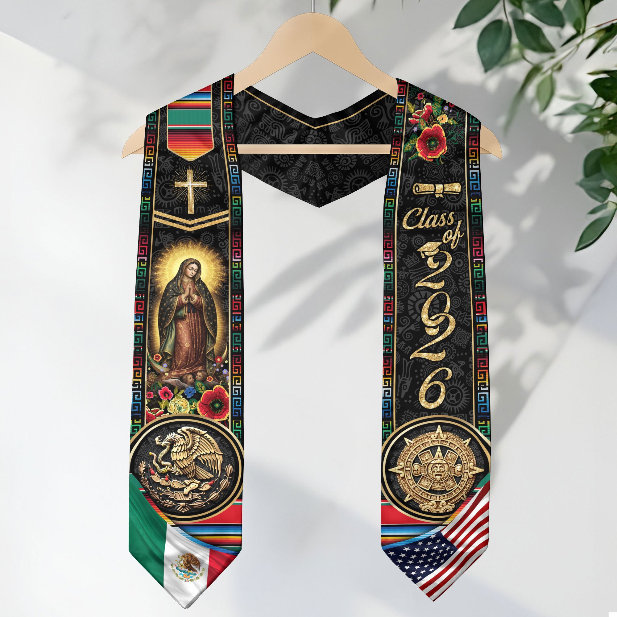 Class of 2026 Mexico Graduation Stole, Eagle & Aztec Sun Stone Heritage Serape