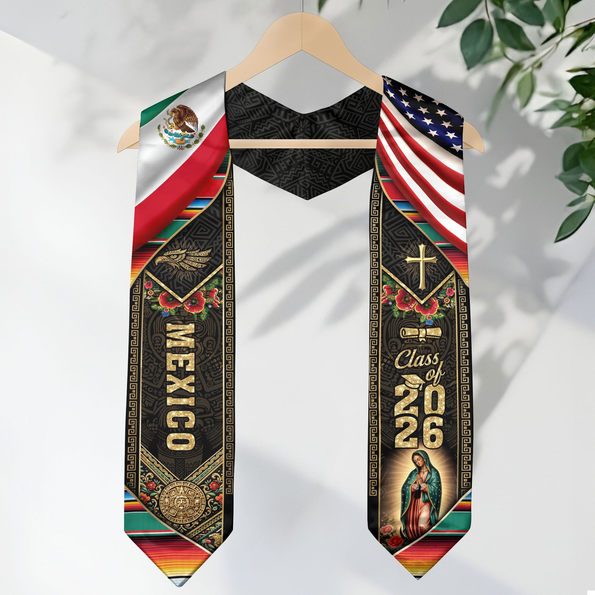 Mexico USA Graduation Stole Class of 2026, Virgin Mary & Eagle Heritage