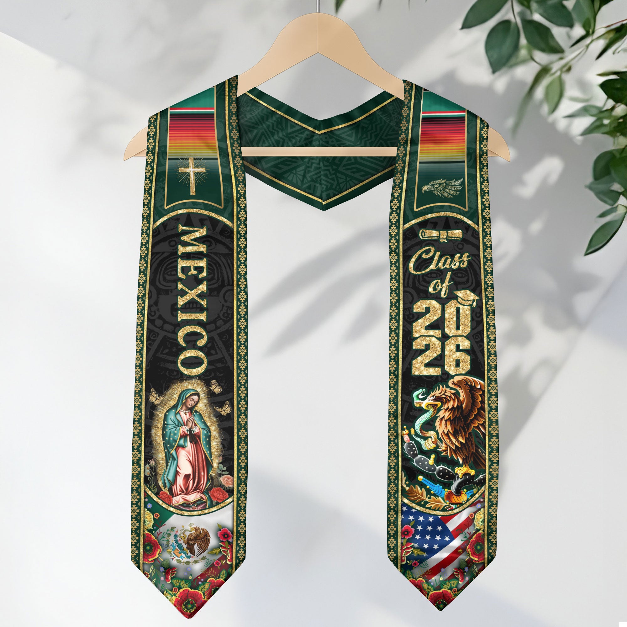 Virgin Mary Mexico Graduation Stole 2026, Golden Cross & US Mexico Flag