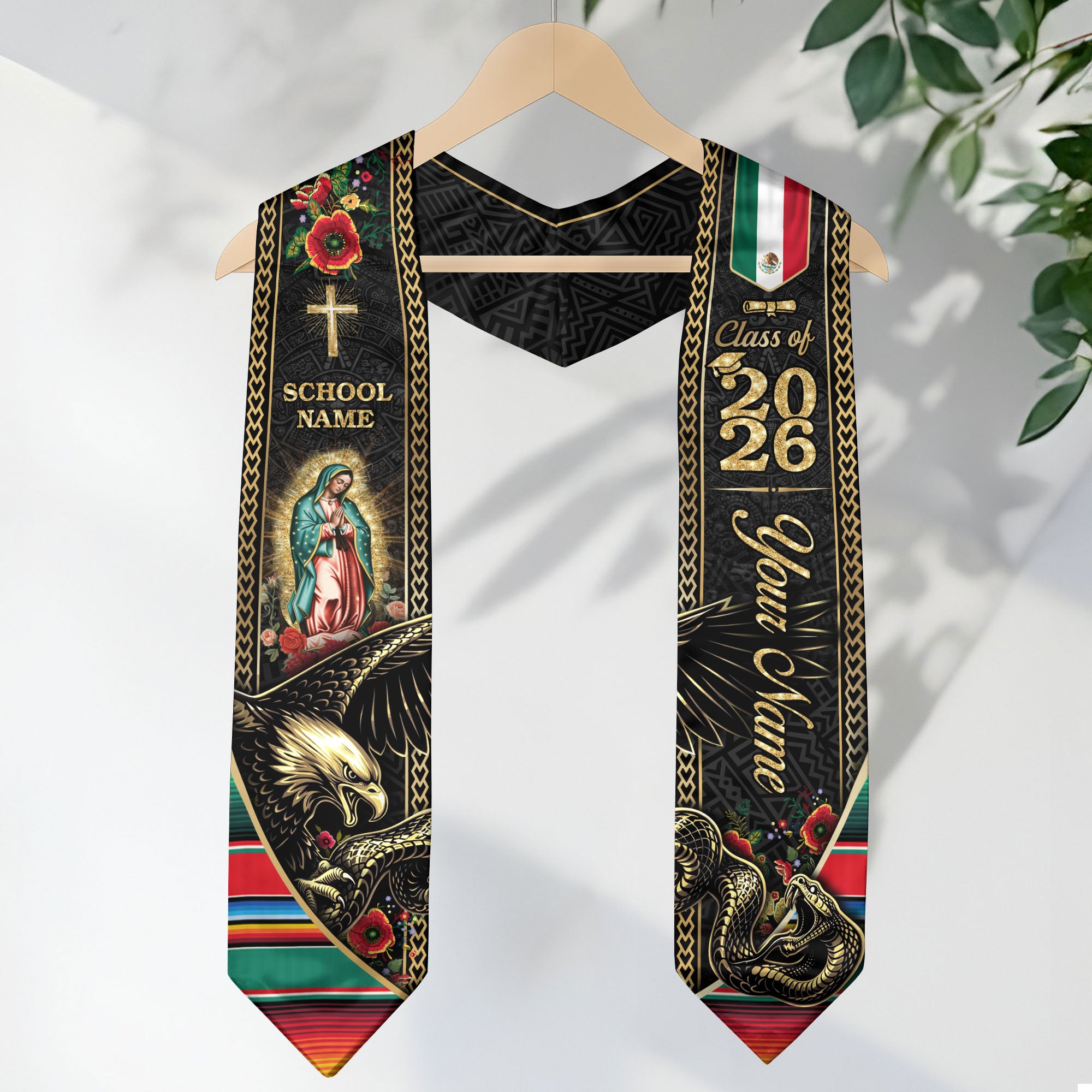 Custom Mexico Graduation Stole 2026 Virgin Mary Eagle Snake Catholic Mexican Heritage Sash