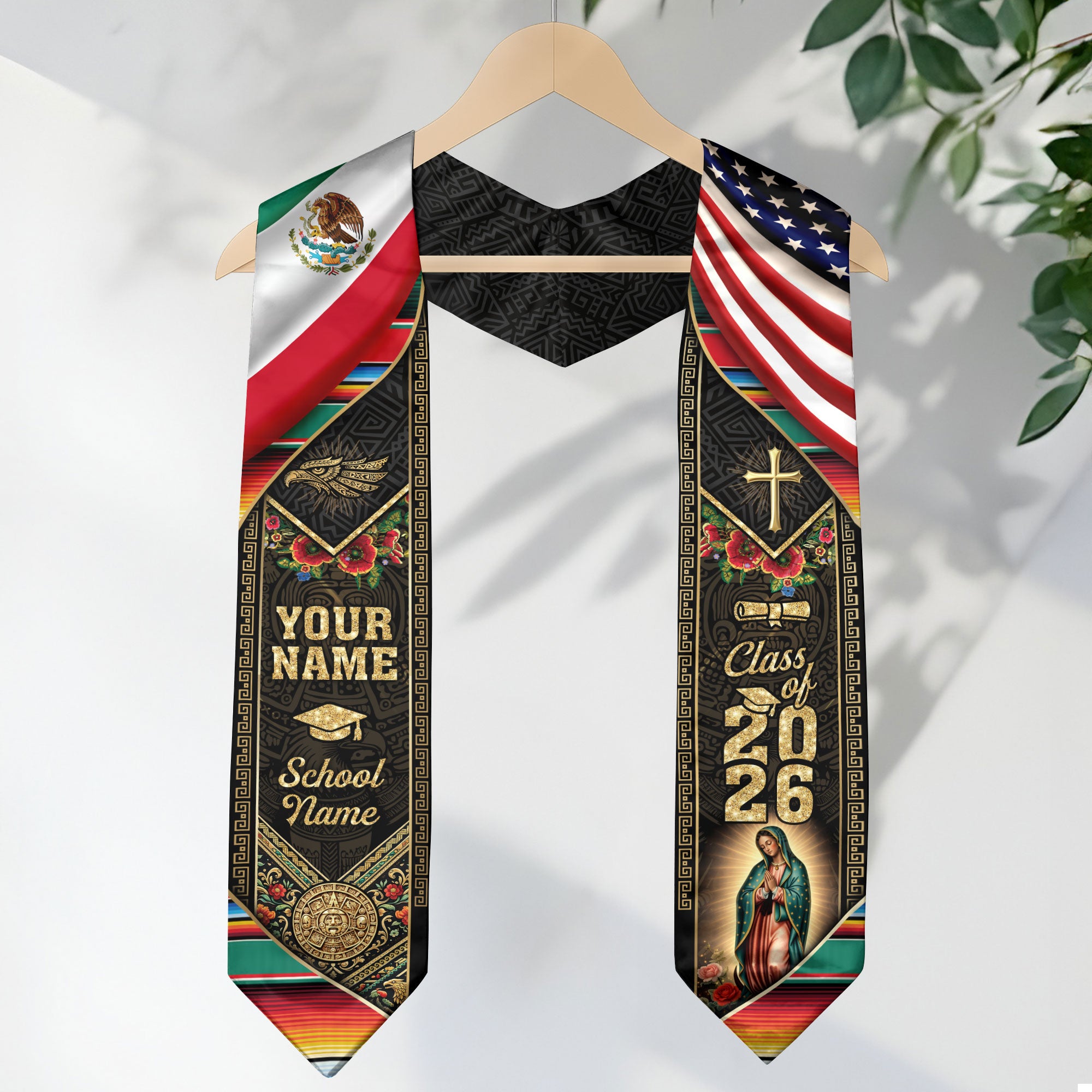 Custom Mexico USA Graduation Stole 2026 Virgin of Guadalupe Mexican American Heritage Sash