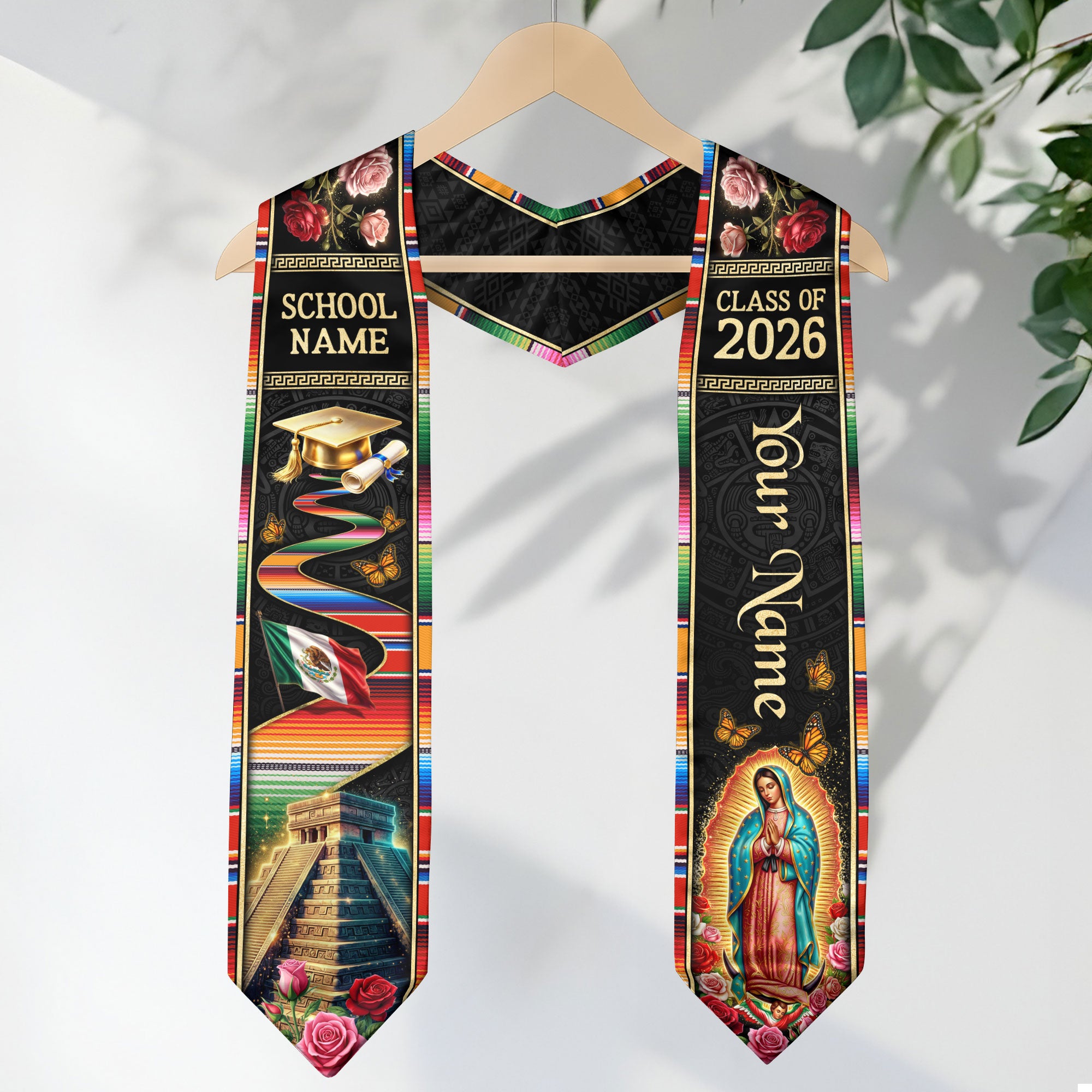 Mexico Graduation Stole Class of 2026 Custom Name Virgin Mary Sacred Heart Sash