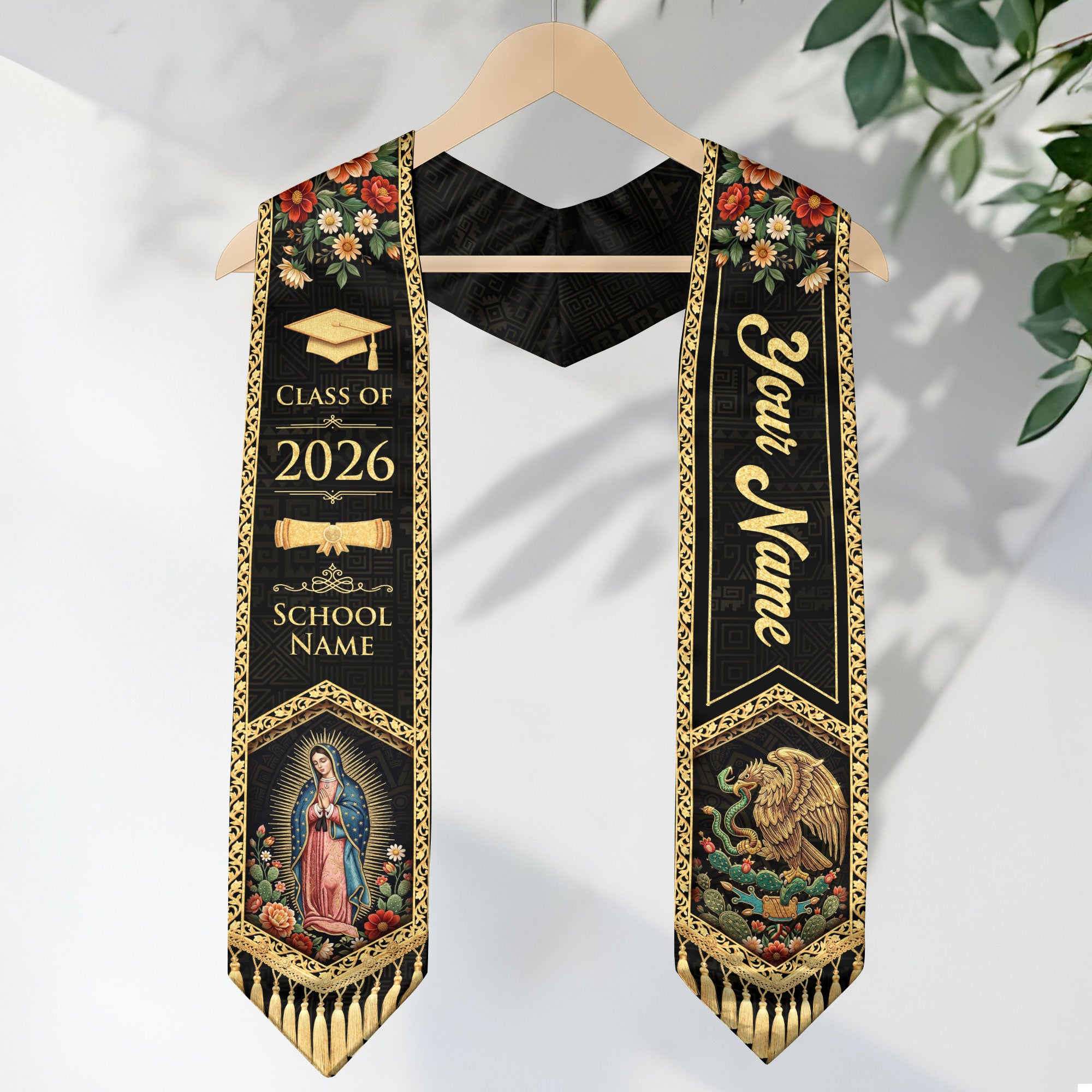 Mexico Graduation Stole Custom Name Class of 2026 Virgin Mary Aztec Eagle Heritage Sash