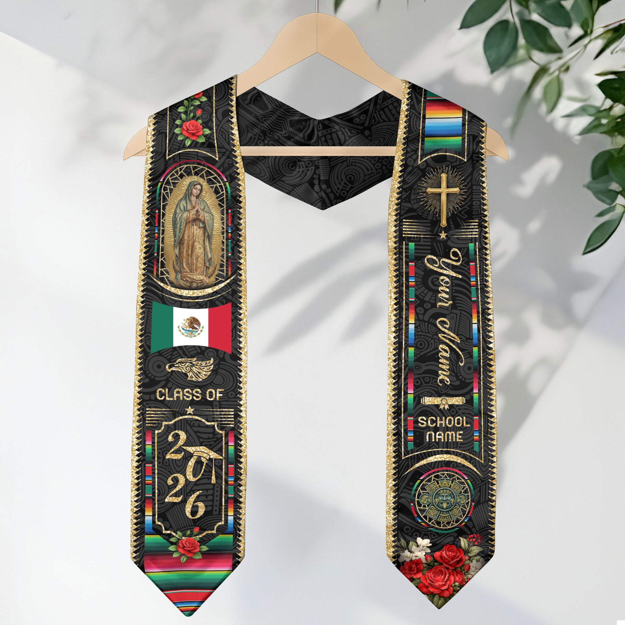 Custom Mexico Graduation Stole 2026 - Virgin of Guadalupe & Serape Aztec Sash