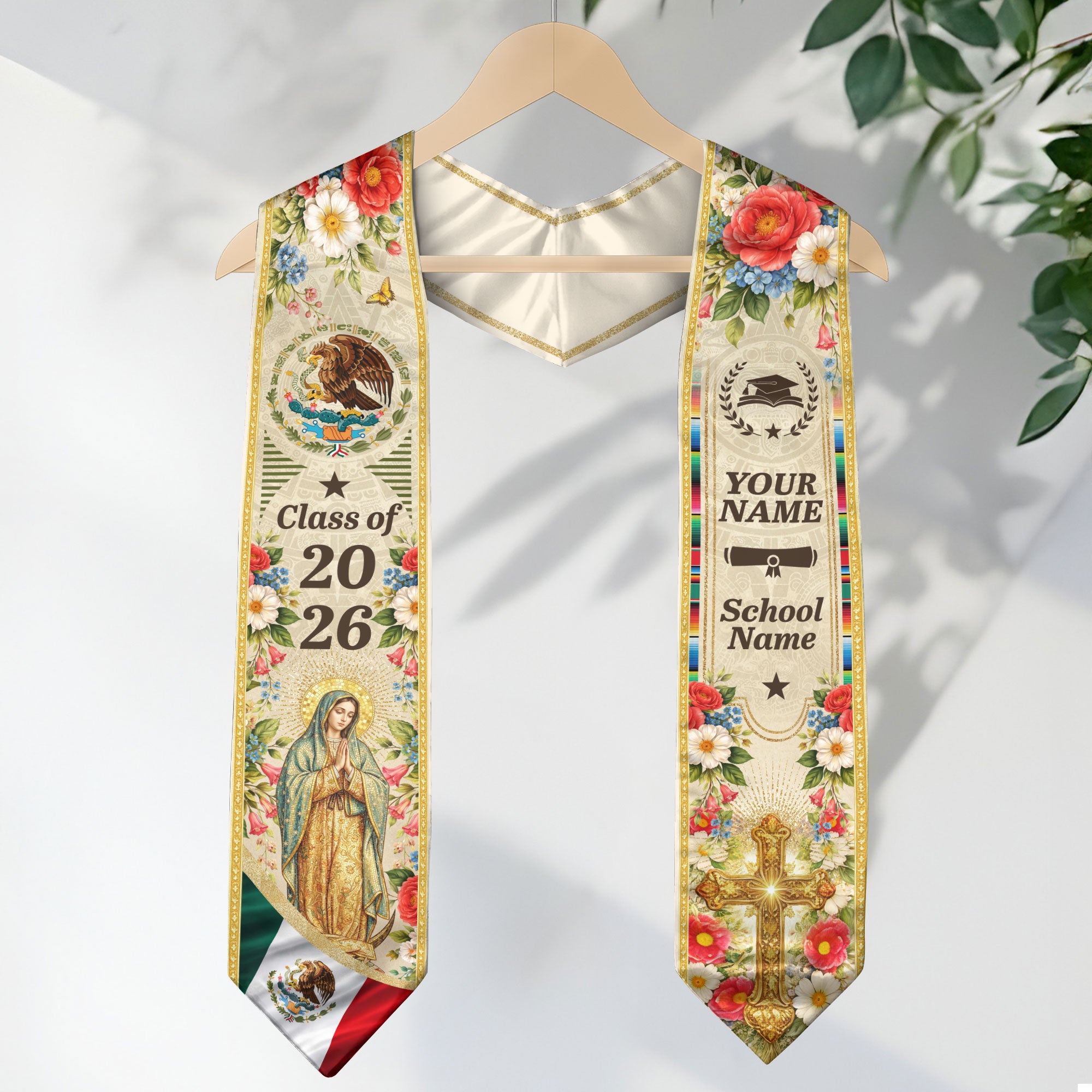 Personalized Mexican Graduation Stole - Class of 2026 Custom Name Floral Aztec Sash