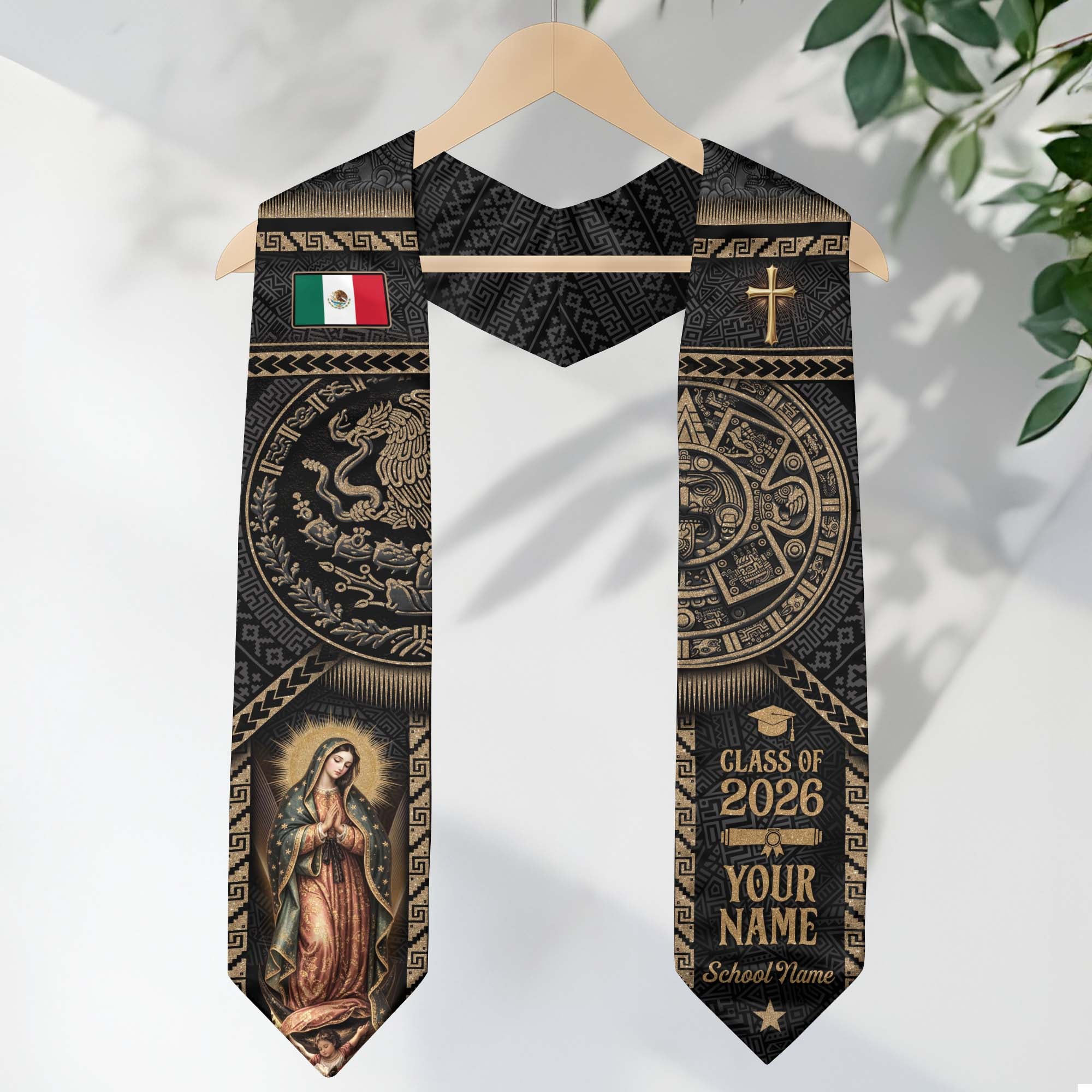 Personalized Mexican Graduation Stole - Class of 2026 Custom Name Gold Aztec Ethnic Sash