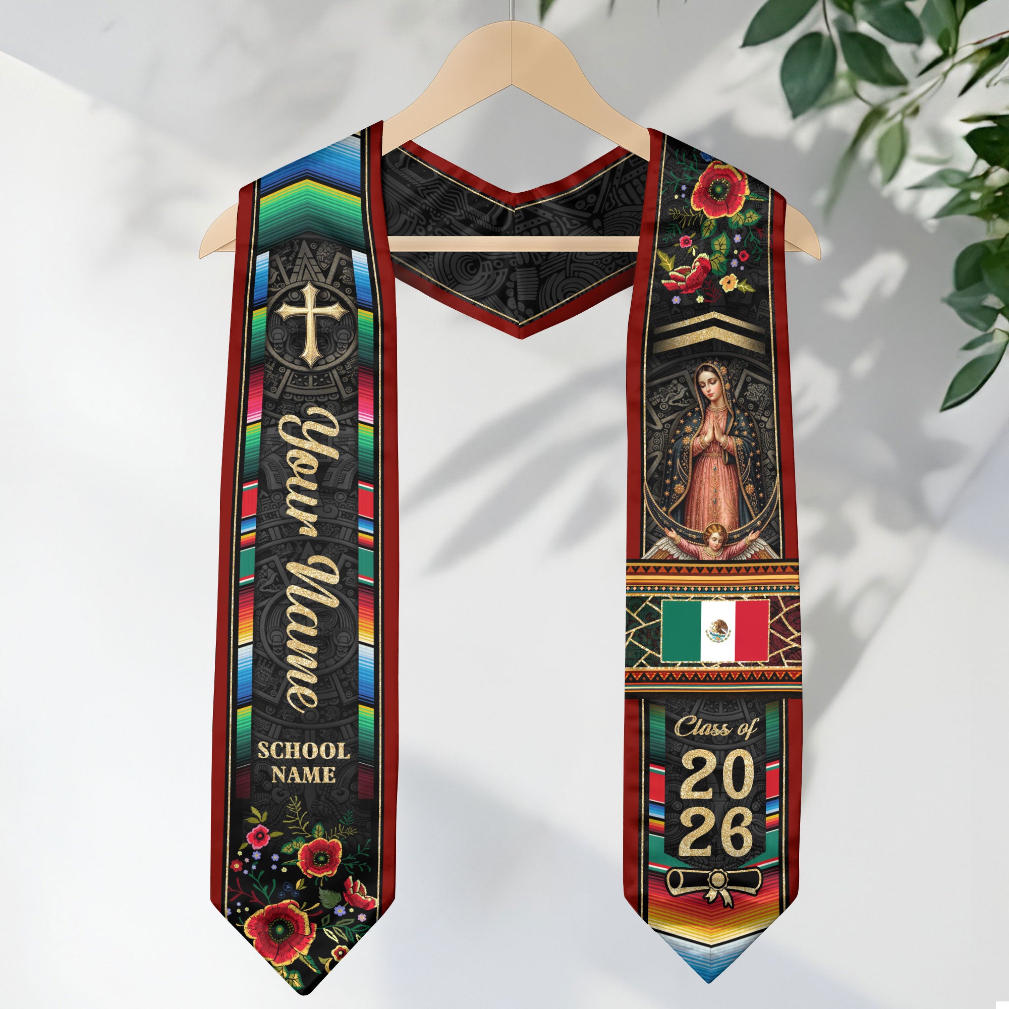 Custom Mexico Graduation Stole 2026 - Mexican Red Serape & Virgin of Guadalupe Sash