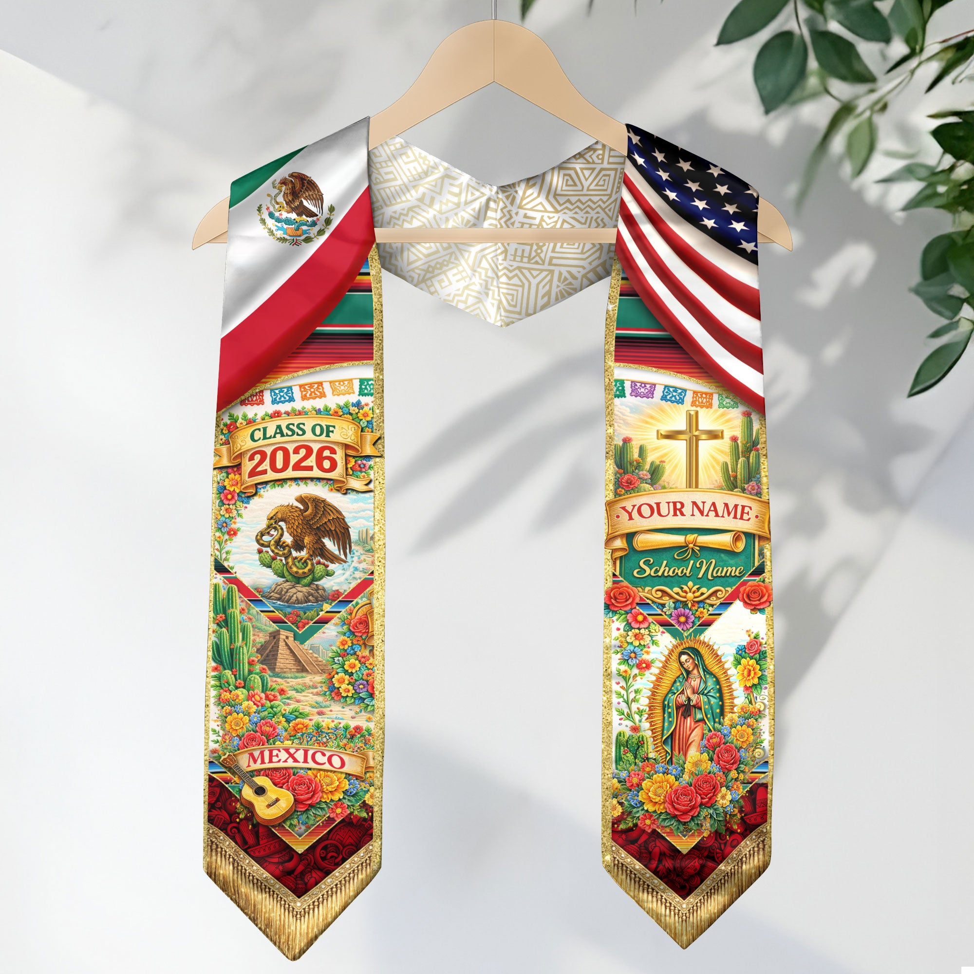 Custom Mexico Graduation Stole 2026 – Eagle Guadalupe USA Flag Serape Sash