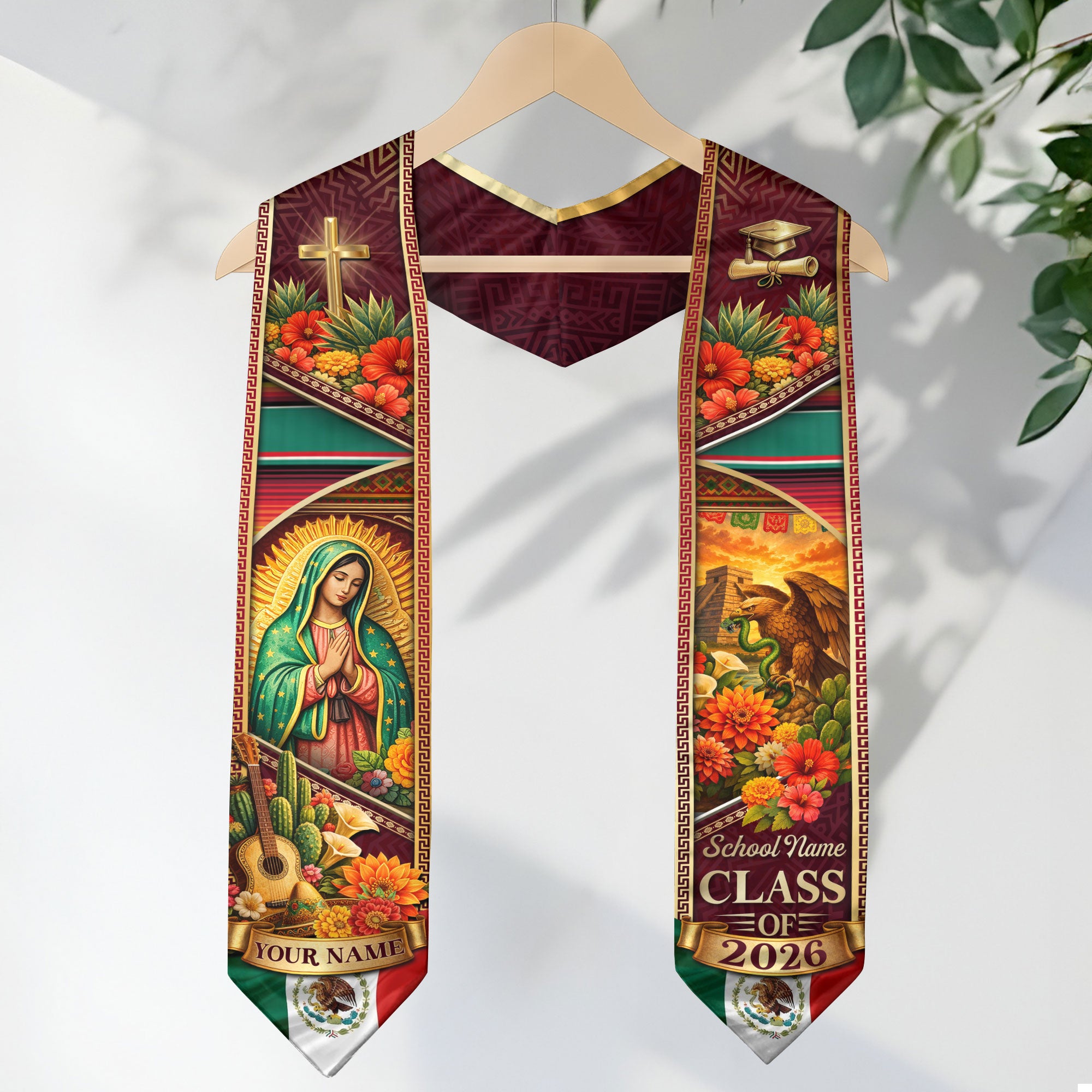 Mexico Graduation Stole Custom 2026 Guadalupe Aztec Eagle Serape Sash Gift