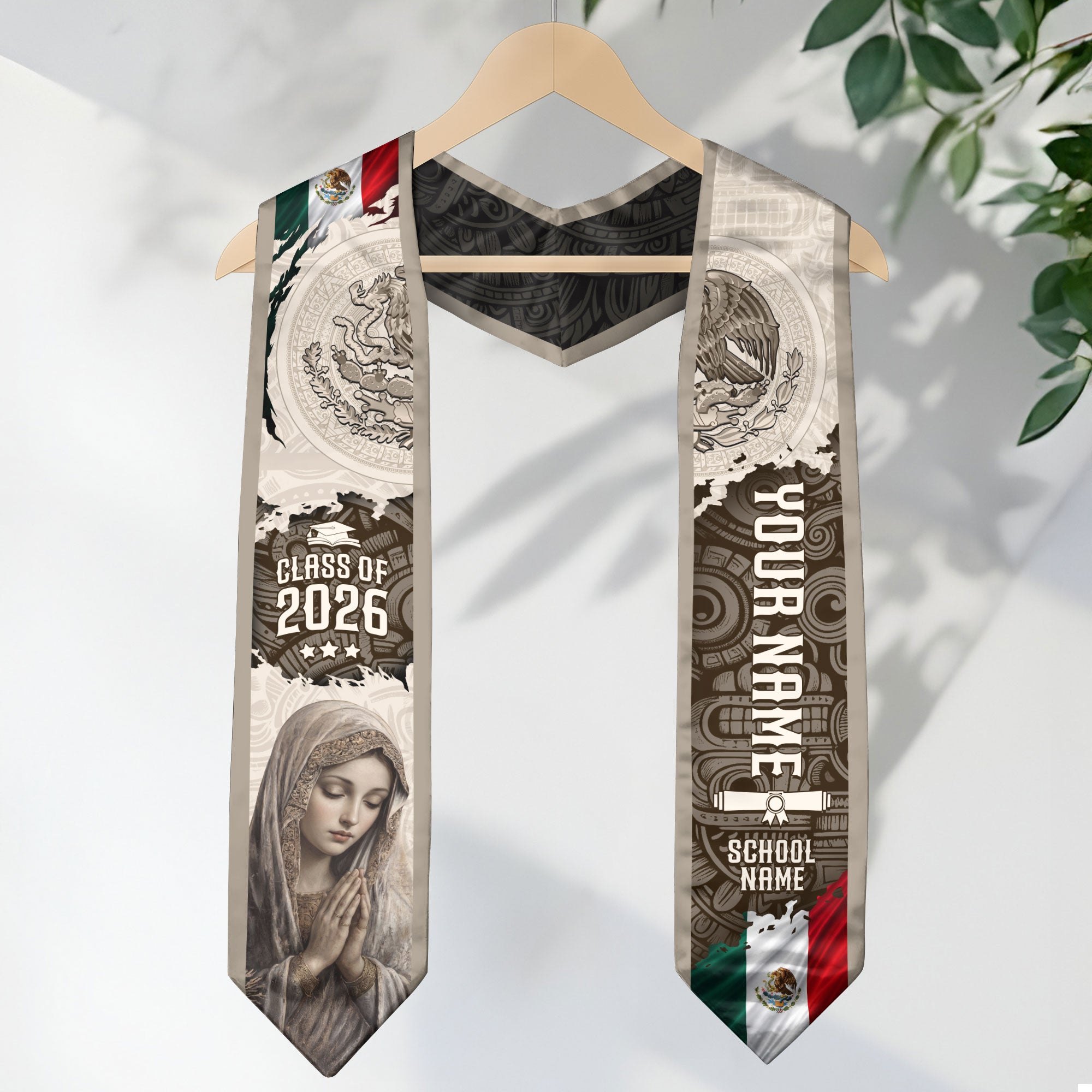 Custom Mexican Graduation Stole Class of 2026 Virgin Mary Guadalupe Heritage Sash Gift