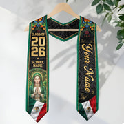 Personalized Mexico Flag Graduation Stole 2026 Our Lady of Guadalupe Floral Kente Sash