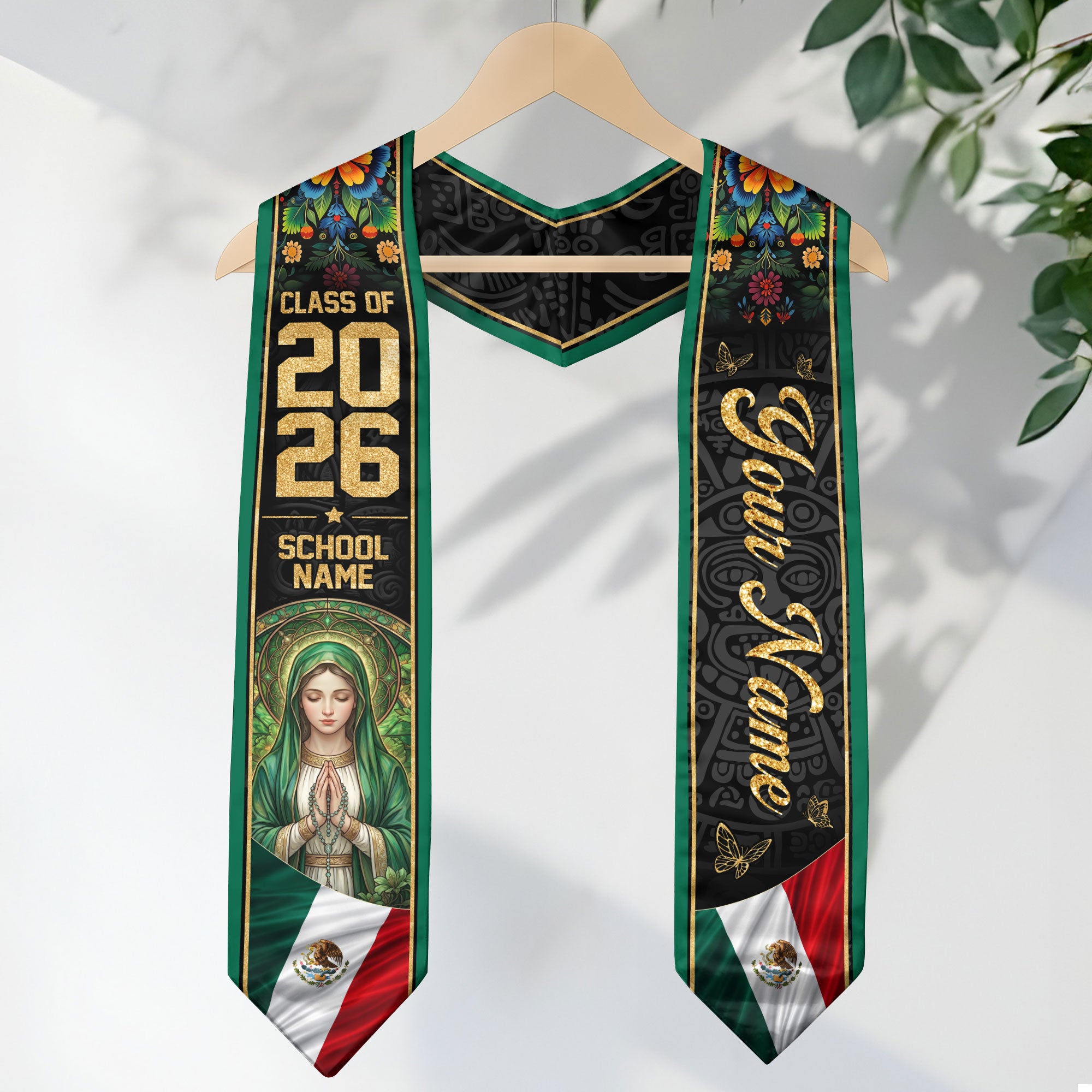 Personalized Mexico Flag Graduation Stole 2026 Our Lady of Guadalupe Floral Kente Sash