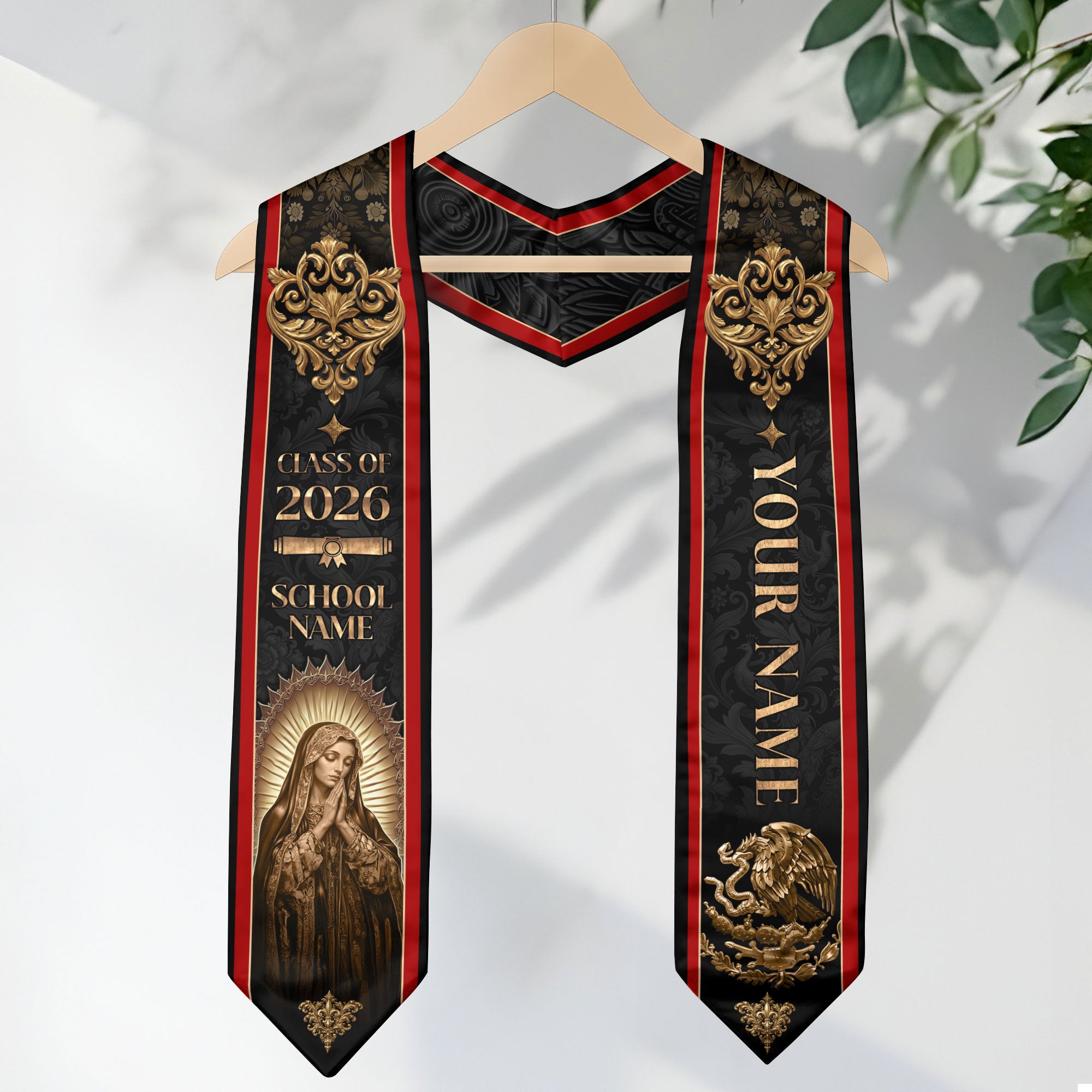 Personalized Mexico Flag Graduation Stole 2026 Our Lady of Guadalupe Gold Baroque Sash