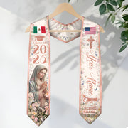 Custom Mexican American Graduation Stole 2026 Virgin Mary Floral Mexico USA Flag Sash