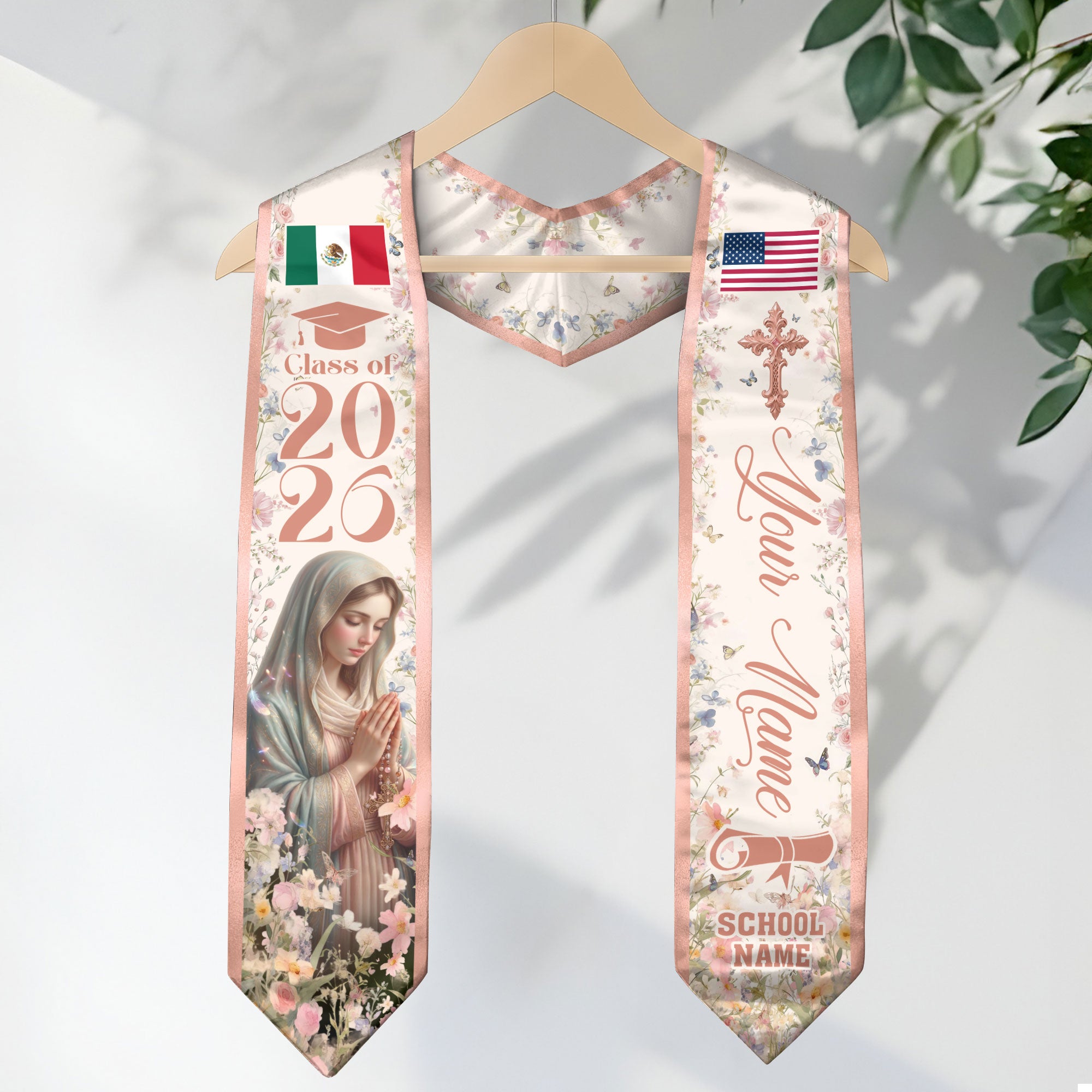 Custom Mexican American Graduation Stole 2026 Virgin Mary Floral Mexico USA Flag Sash