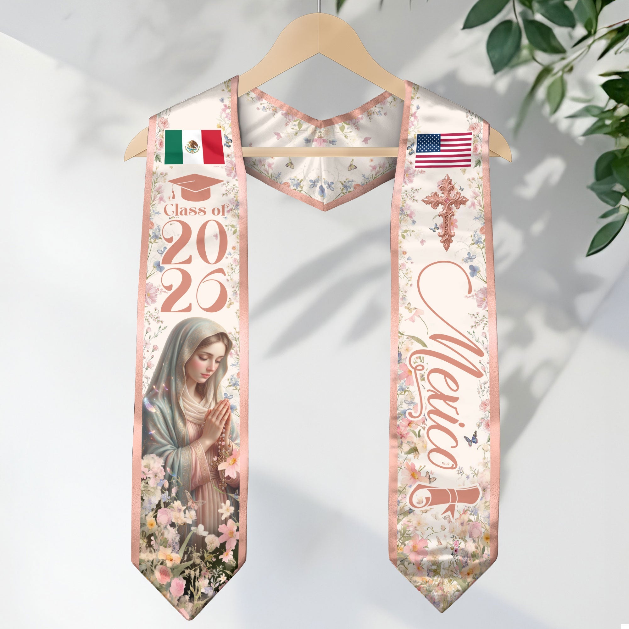 Mexican American Graduation Stole 2026 Virgin Mary Mexico USA Flag Flo ...