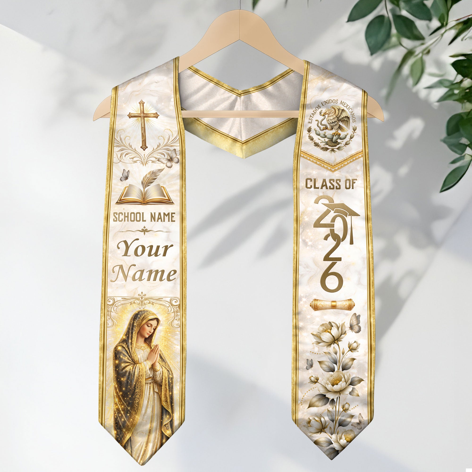 Custom Mexico Graduation Stole - Class of 2026 Mexican Heritage Stole Gold Cross
