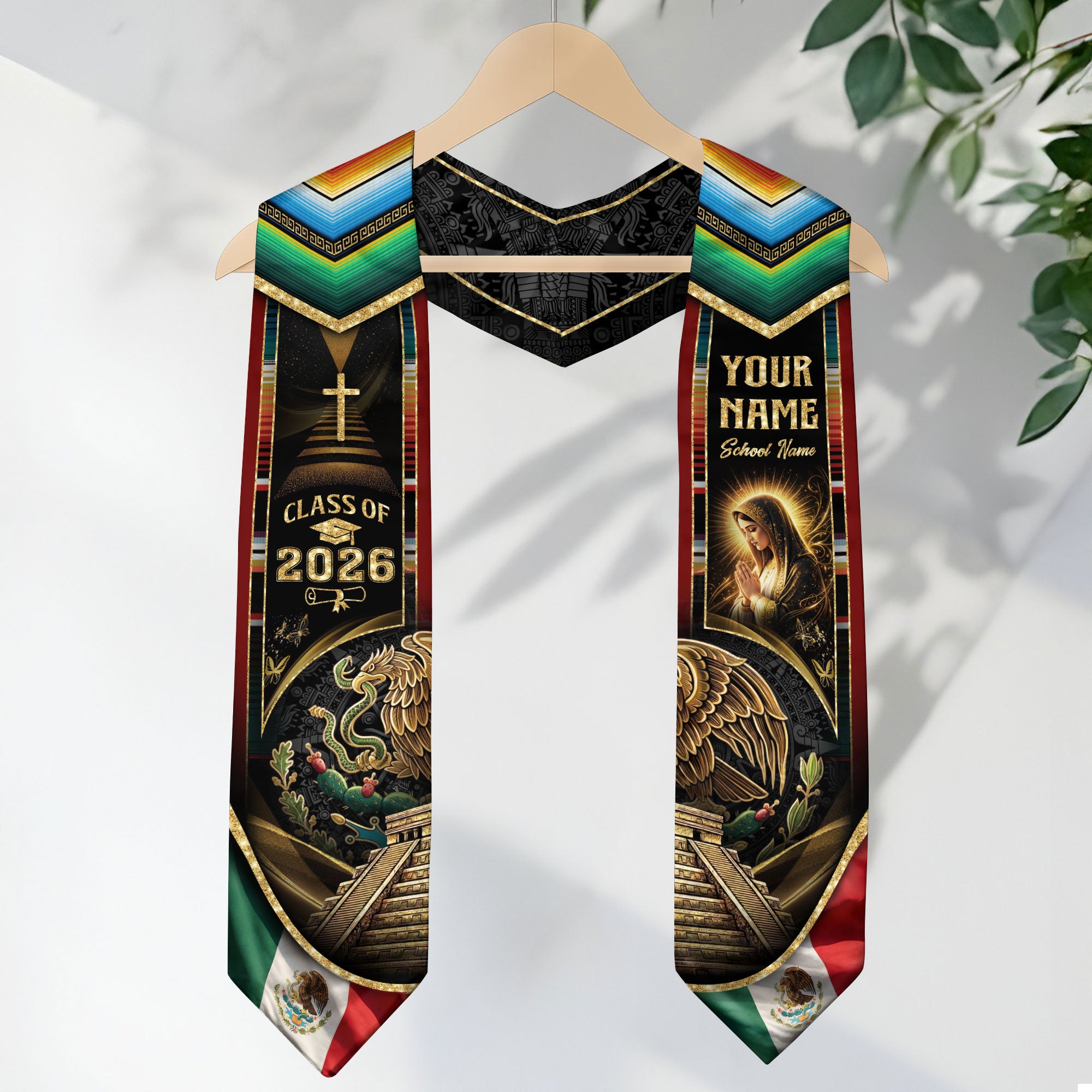 Mexican Graduation Stole 2026 – Virgin Mary, Eagle, Aztec Design, Name & School Personalized Sash