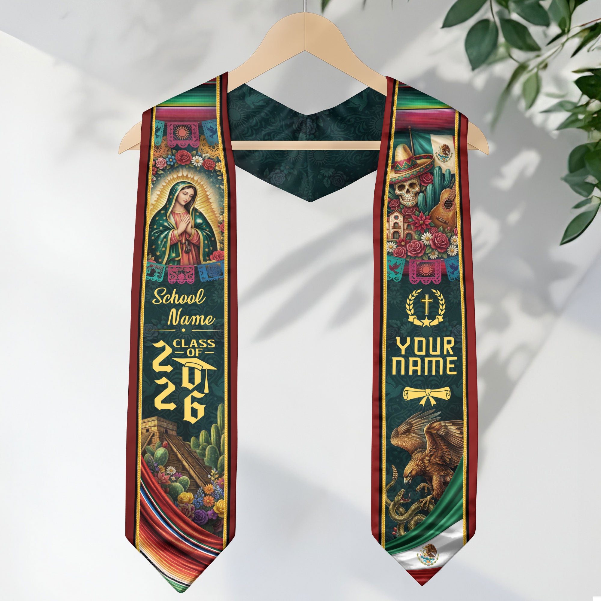 Custom Mexico Graduation Stole 2026 - Sugar Skull, Guitar & Guadalupe Heritage Sash