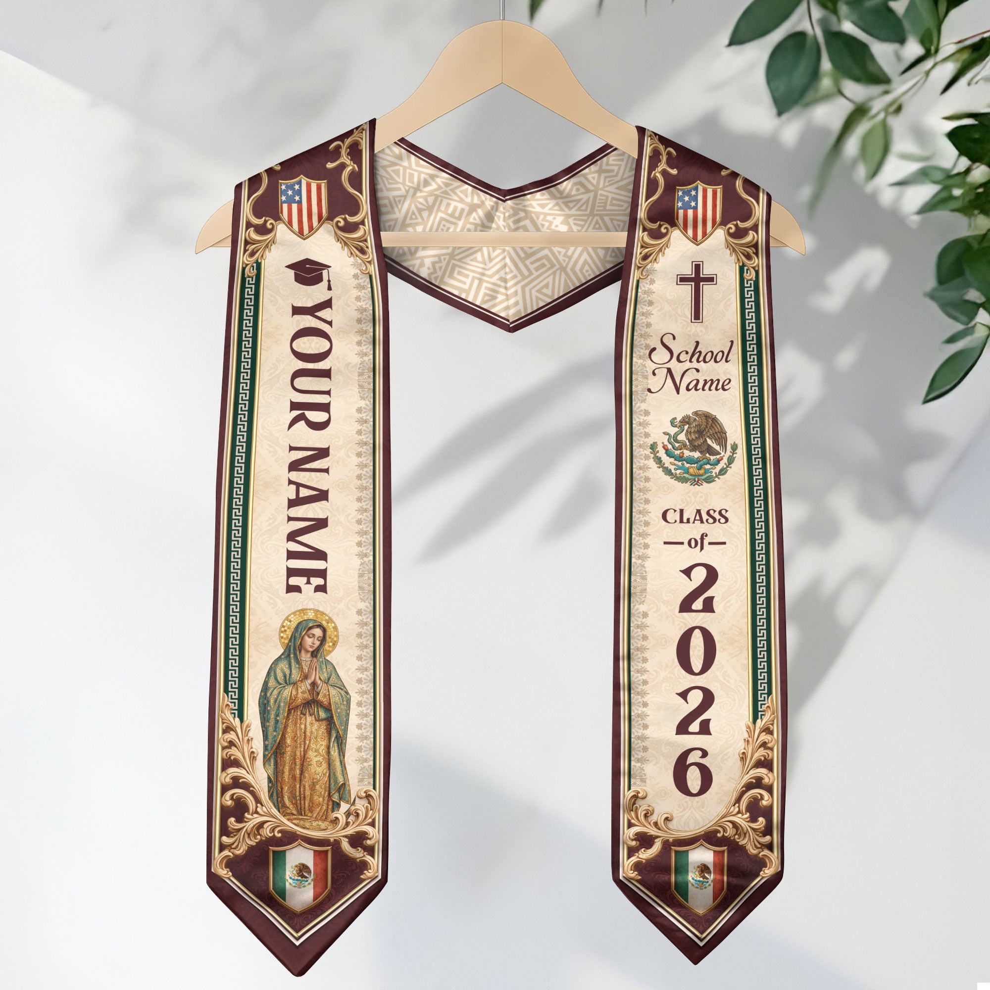Custom Mexico US Flag Graduation Stole 2026 - Our Lady of Guadalupe Heritage Sash