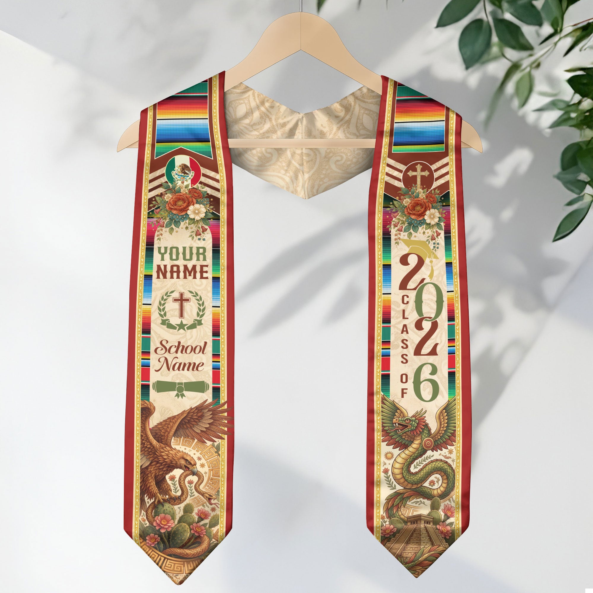 Custom Mexico Graduation Stole 2026 - Quetzalcoatl Aztec & Mexican Eagle Heritage Sash