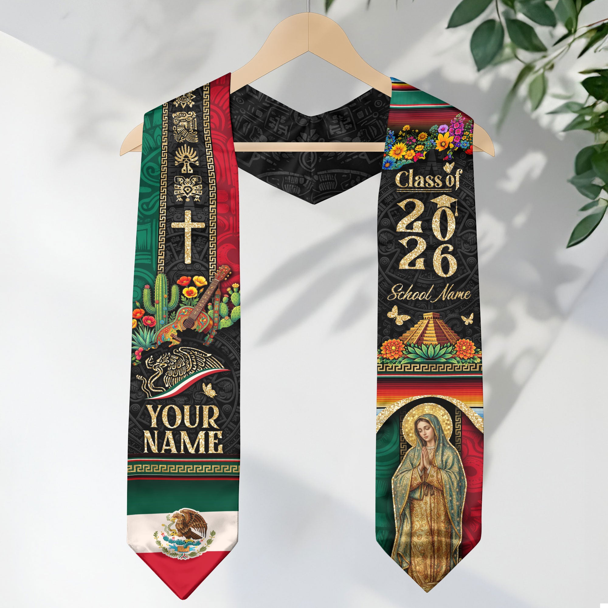 Personalized Mexican Graduation Stole 2026 - Aztec Pyramid & Guitar Heritage Sash
