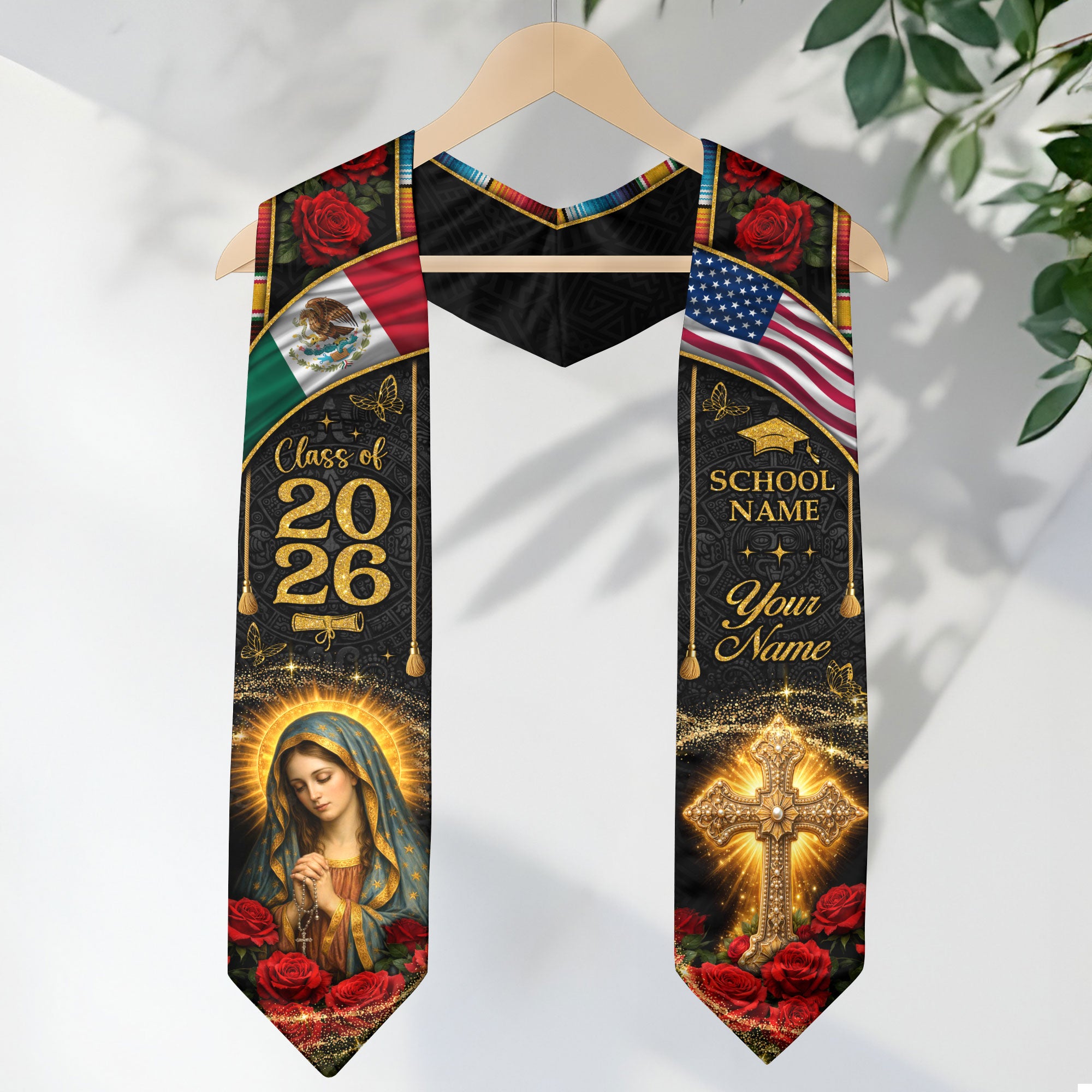 Custom Mexico Graduation Stole Class of 2026 Virgin Mary Cross Mexican Flag Sash