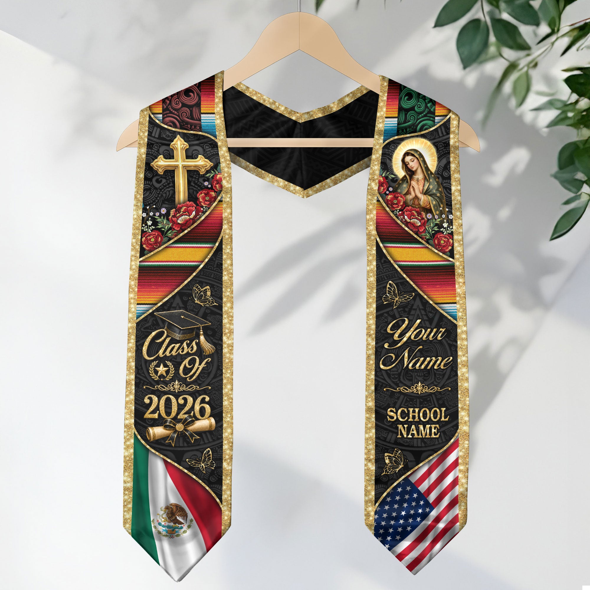 Custom Mexico Graduation Stole 2026 Virgin Mary Cross Mexican US Flag Gold Glitter Sash