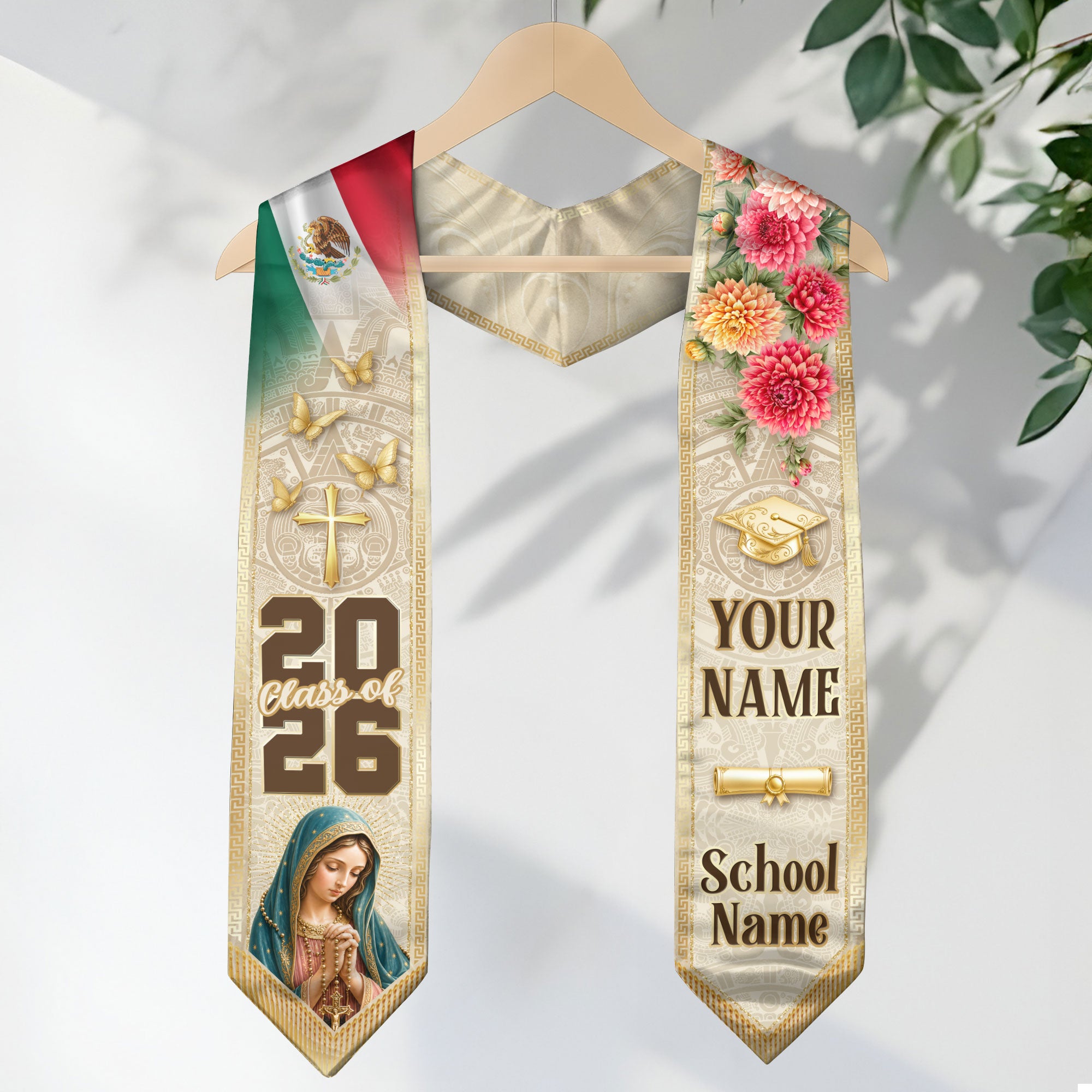 Personalized Mexico Graduation Stole 2026 Virgin Mary Dahlia Floral Mexican Flag Sash