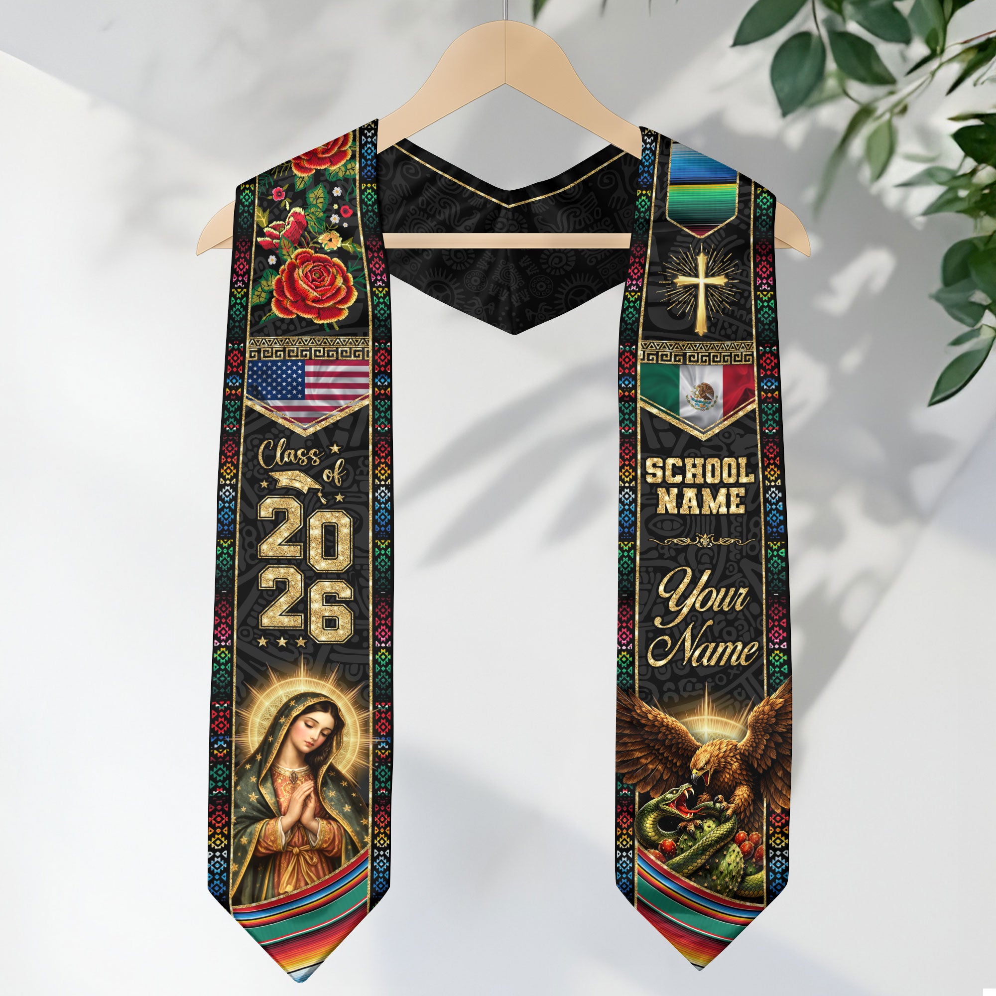 Custom Mexico Graduation Stole 2026 Eagle Snake Virgin Mary Mexican US Flag Serape Sash