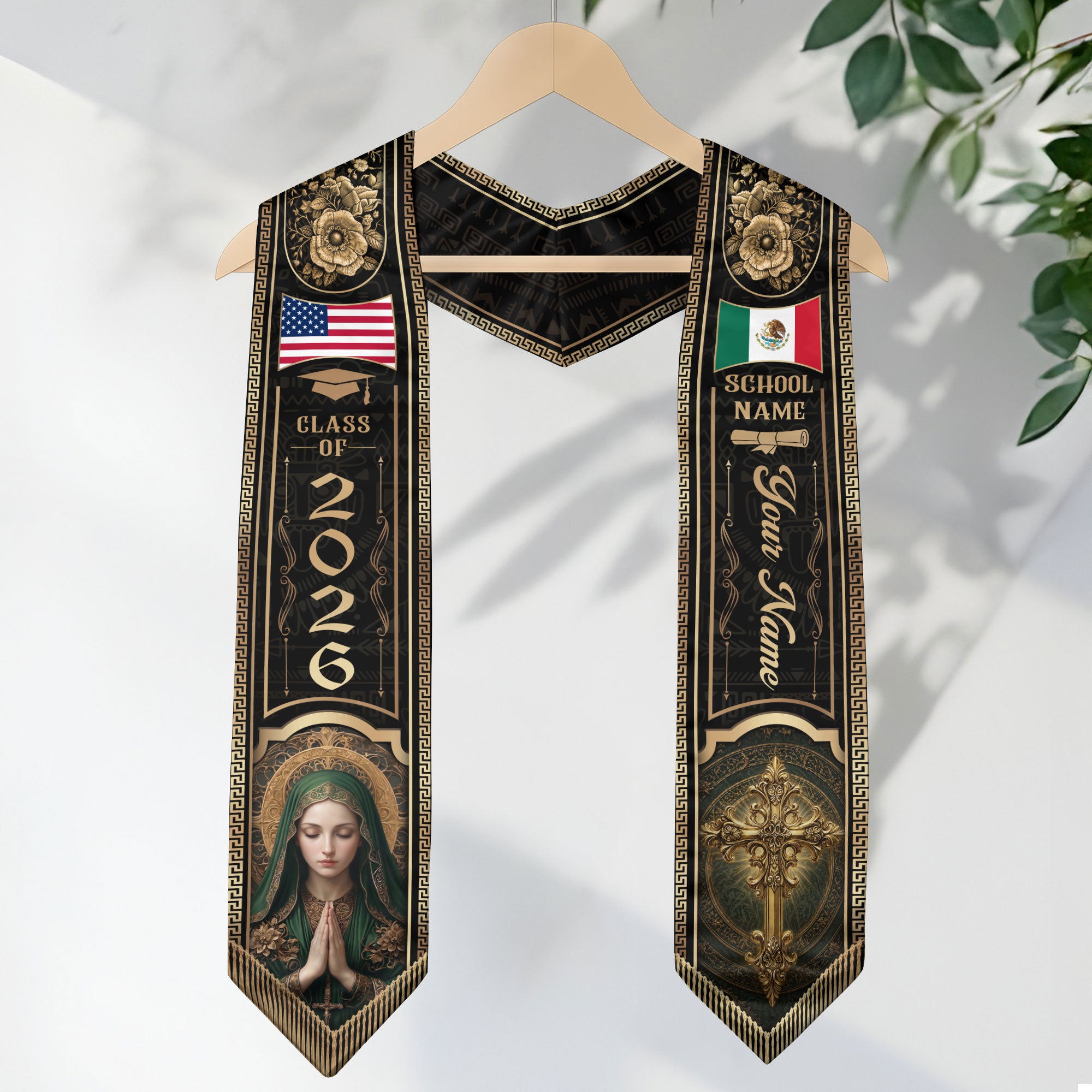Custom Mexico Graduation Stole 2026 Virgin Mary Cross Mexican US Flag Gold Greek Sash