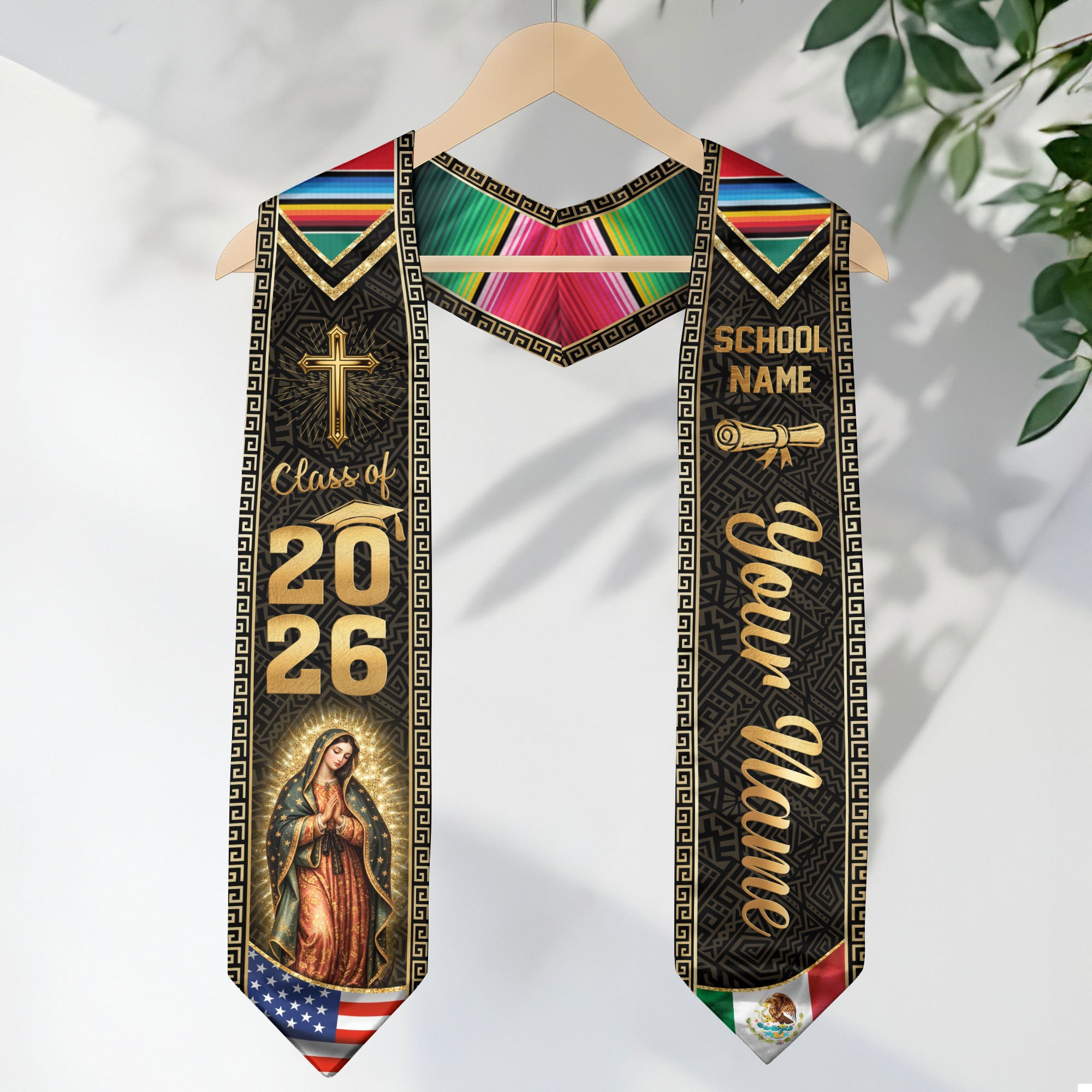 Mexico USA Graduation Stole Class of 2026 - Personalized Serape Heritage Gold Sash
