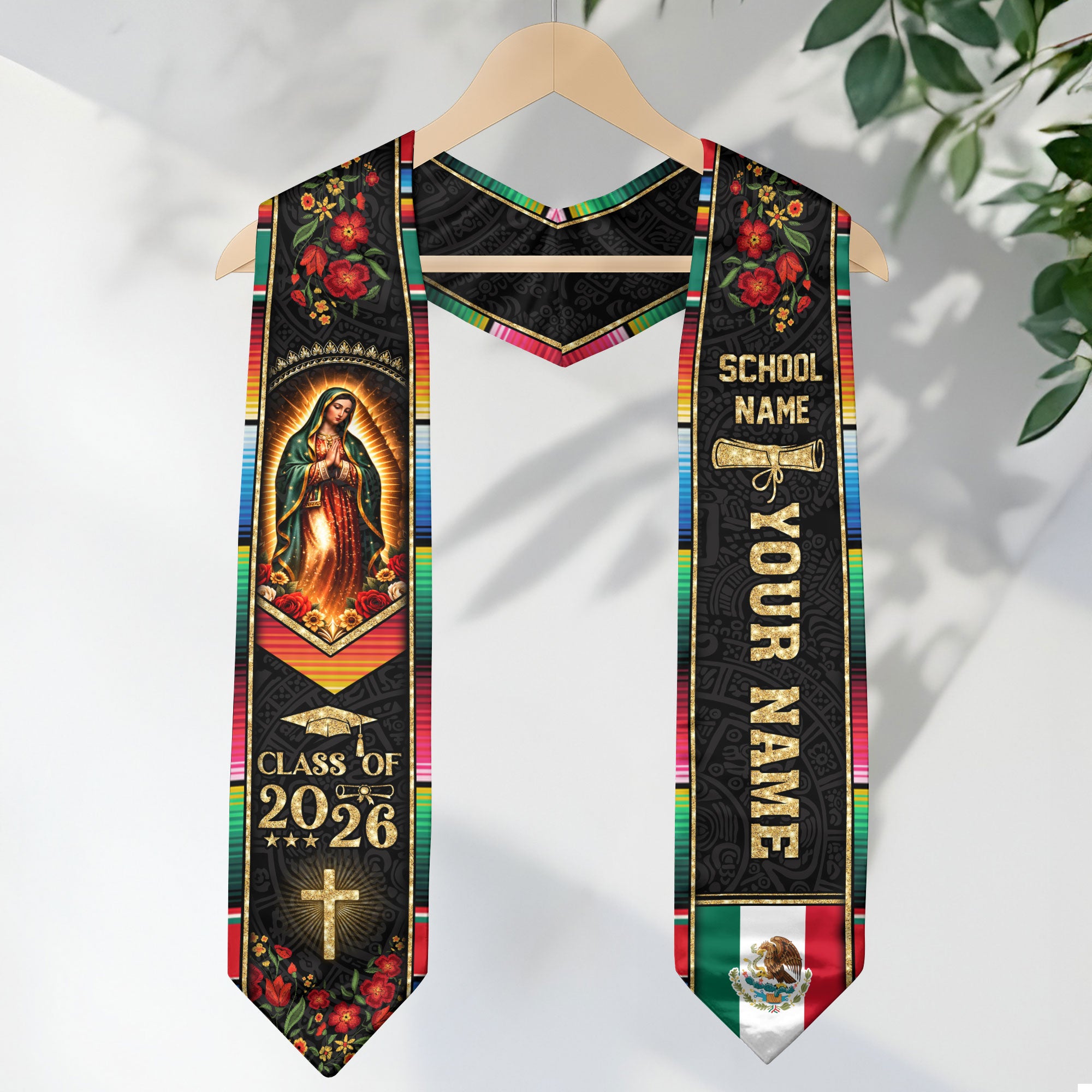 Custom Name School Mexico Graduation Stole 2026 - Mexican Pride Serape Cross Sash