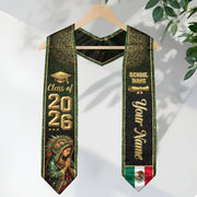Personalized Mexico Graduation Sash 2026 - Virgin Mary Green Glitter Heritage Stole
