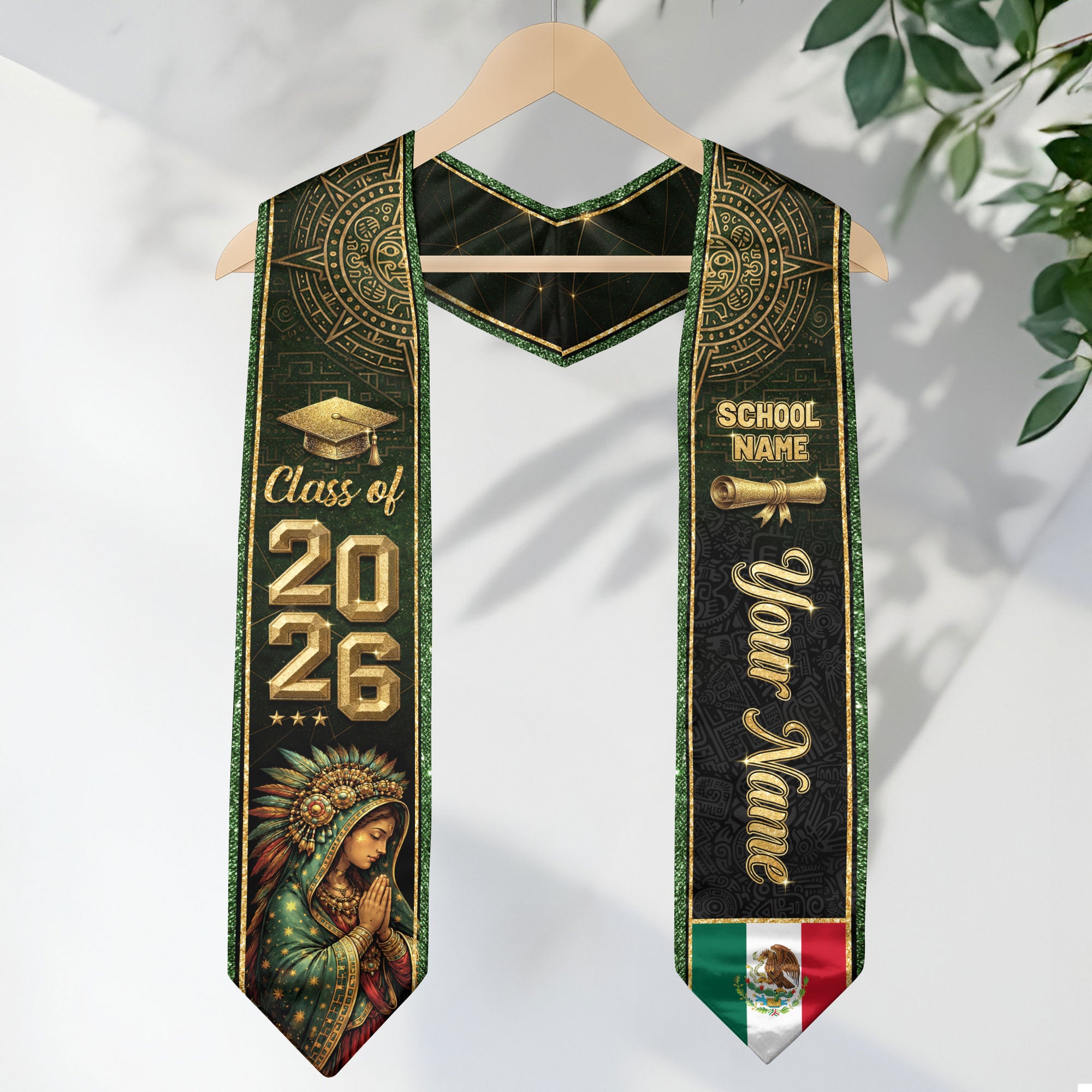 Personalized Mexico Graduation Sash 2026 - Virgin Mary Green Glitter Heritage Stole