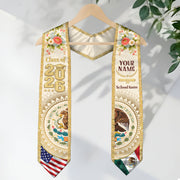 Mexico USA Graduation Stole Class of 2026 - Personalized Dual Heritage Floral Gold Sash