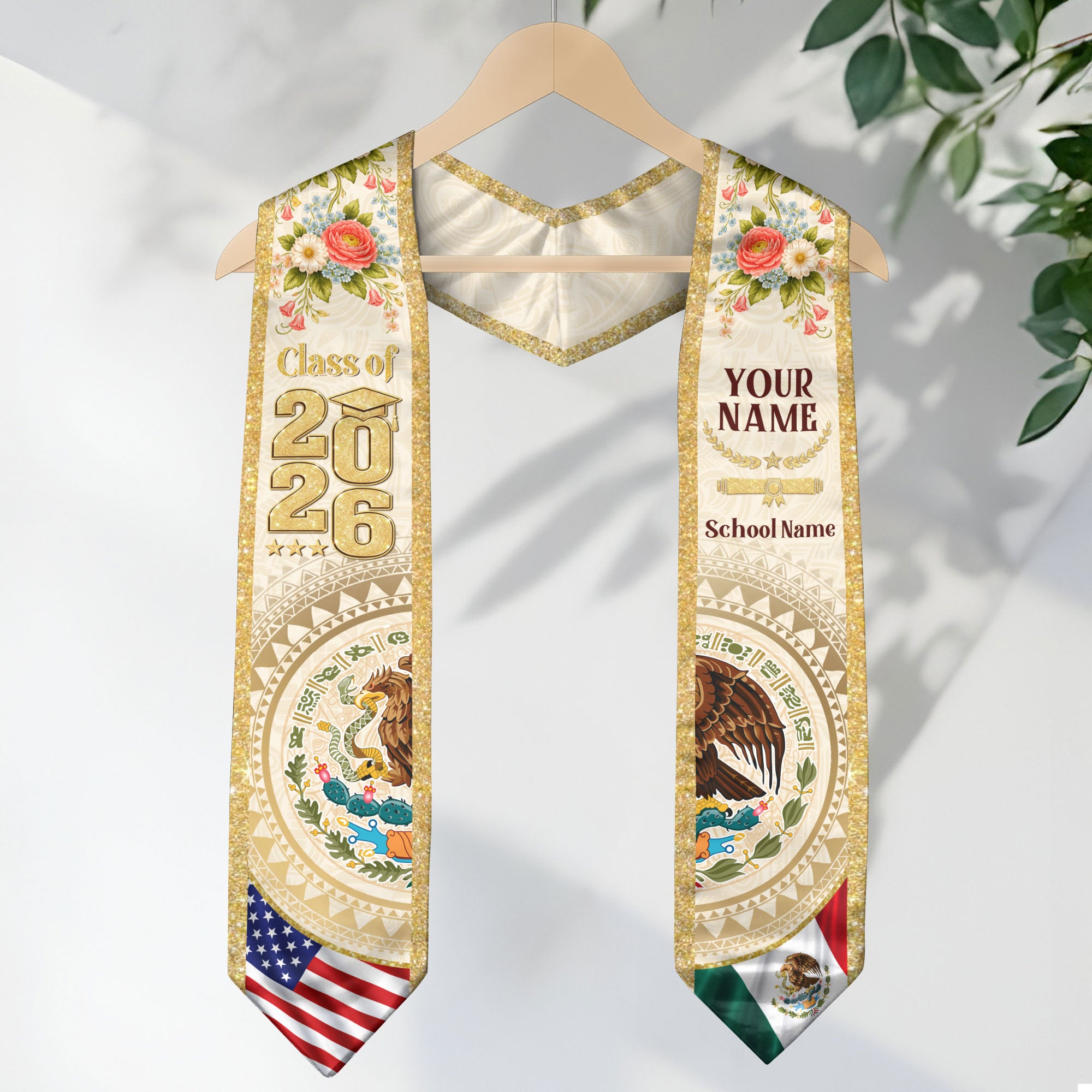 Mexico USA Graduation Stole Class of 2026 - Personalized Dual Heritage Floral Gold Sash