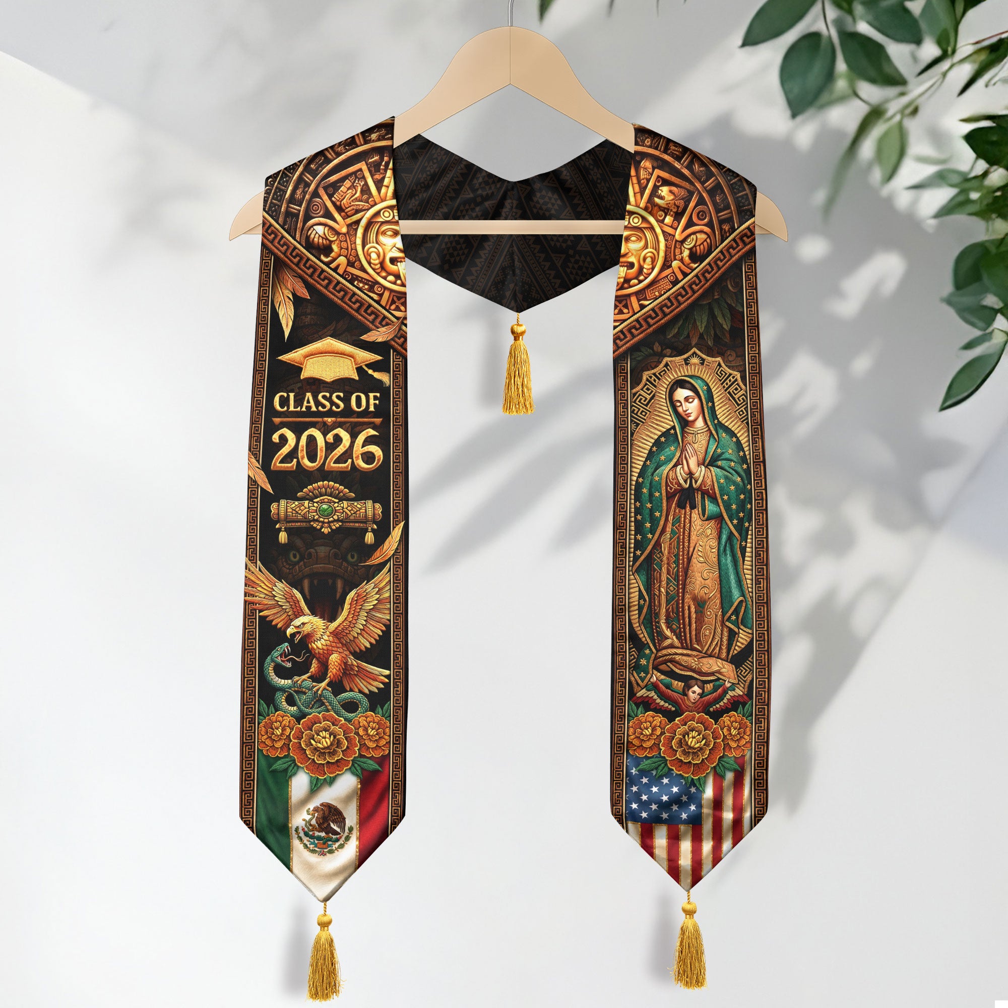 Class of 2026 Graduation Stole Mexico Flag Virgin Guadalupe Aztec Eagle Serape Tassel Sash