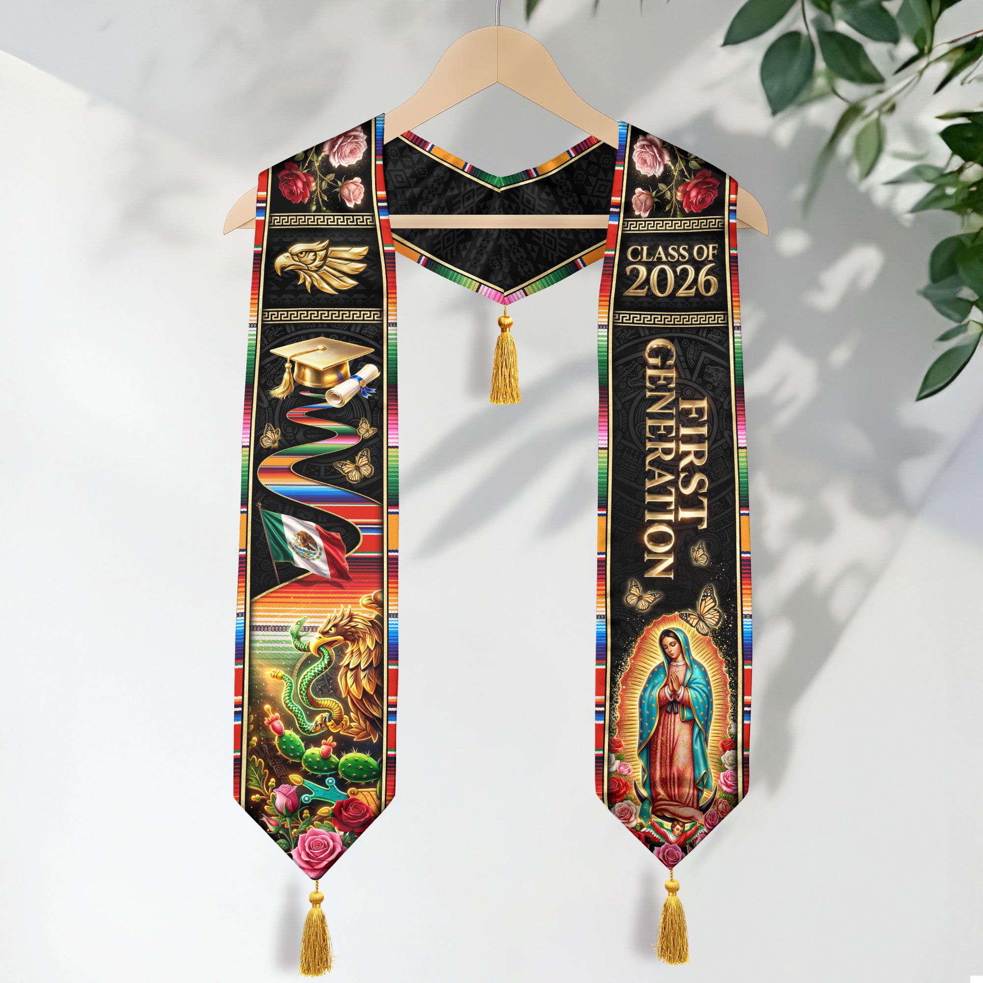 Class of 2026 Mexico Stole First Generation Guadalupe Aztec Eagle Rose Serape Tassel Sash