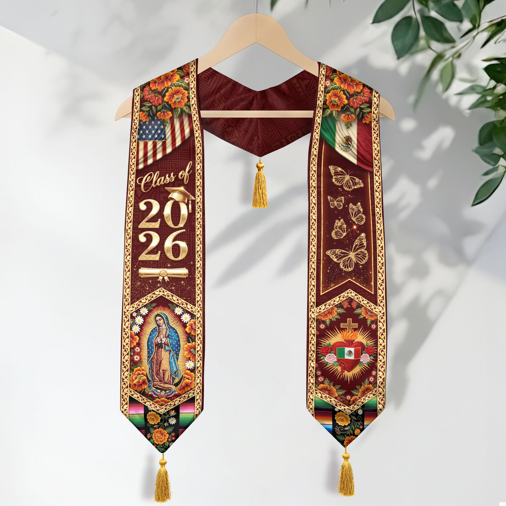 Mexico Stole Class of 2026 Butterfly Sacred Heart Virgin Guadalupe Floral Tassel Sash