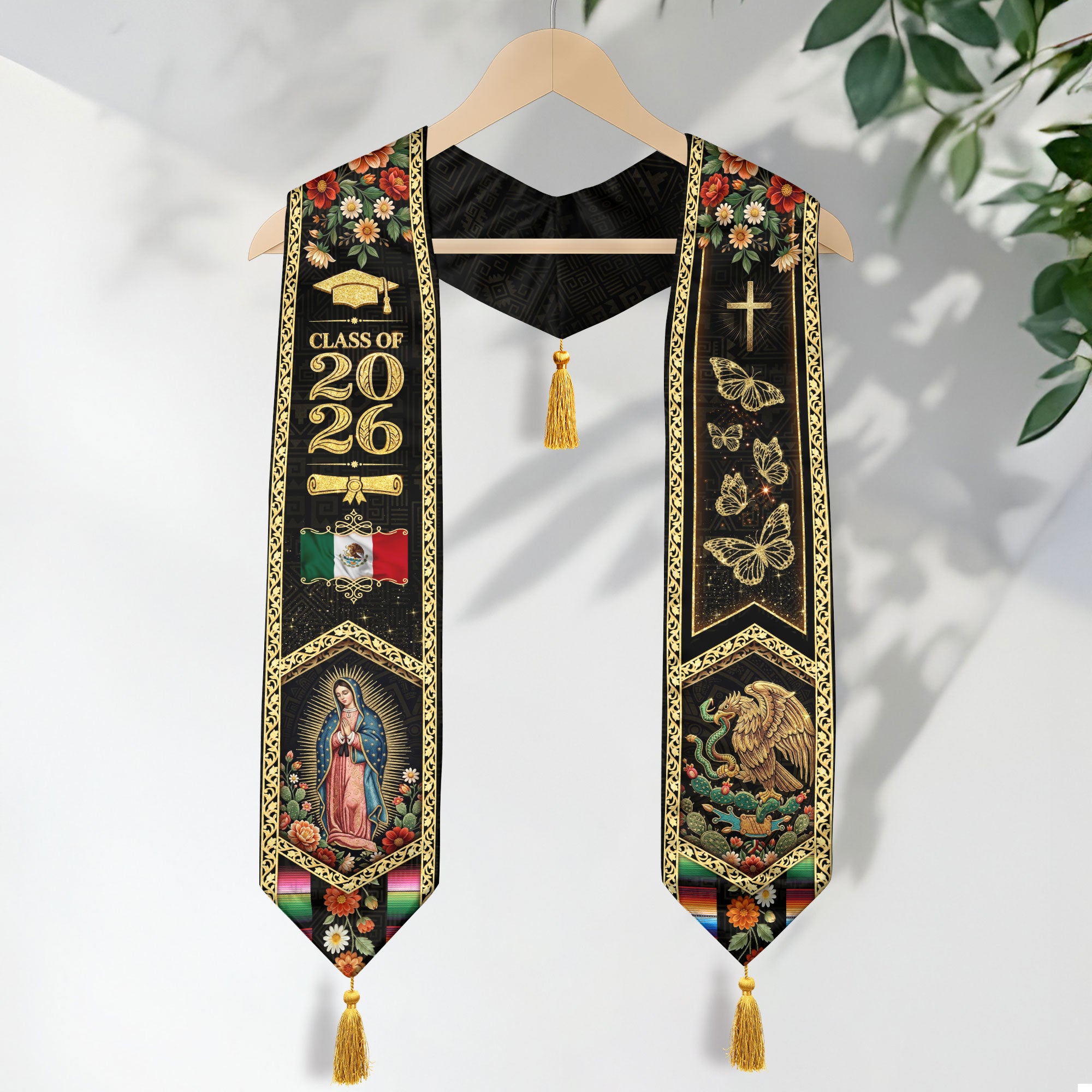 Class of 2026 Mexico Stole Aztec Eagle Virgin Guadalupe Butterfly Floral Tassel Sash
