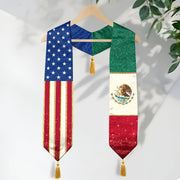 Mexico USA Dual Flag Graduation Stole Glitter Heritage Tassel Sash Gift