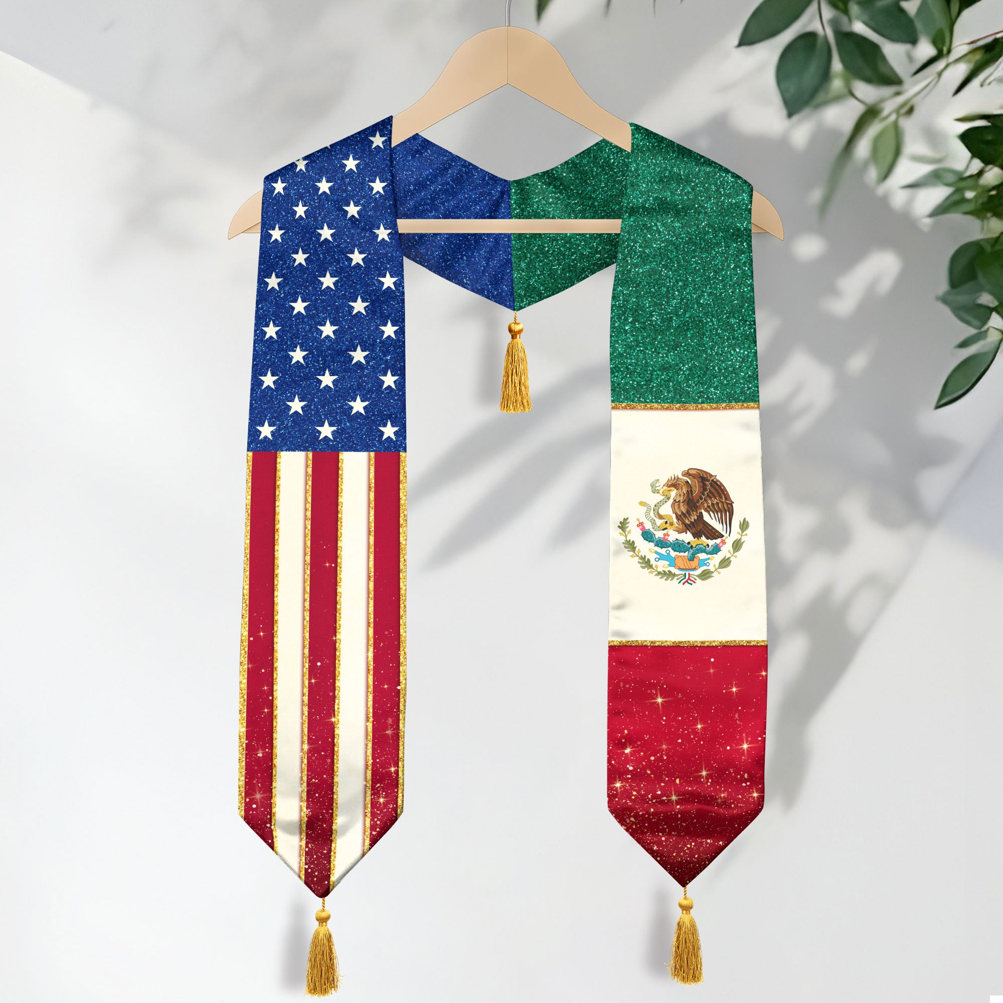 Mexico USA Dual Flag Graduation Stole Glitter Heritage Tassel Sash Gift