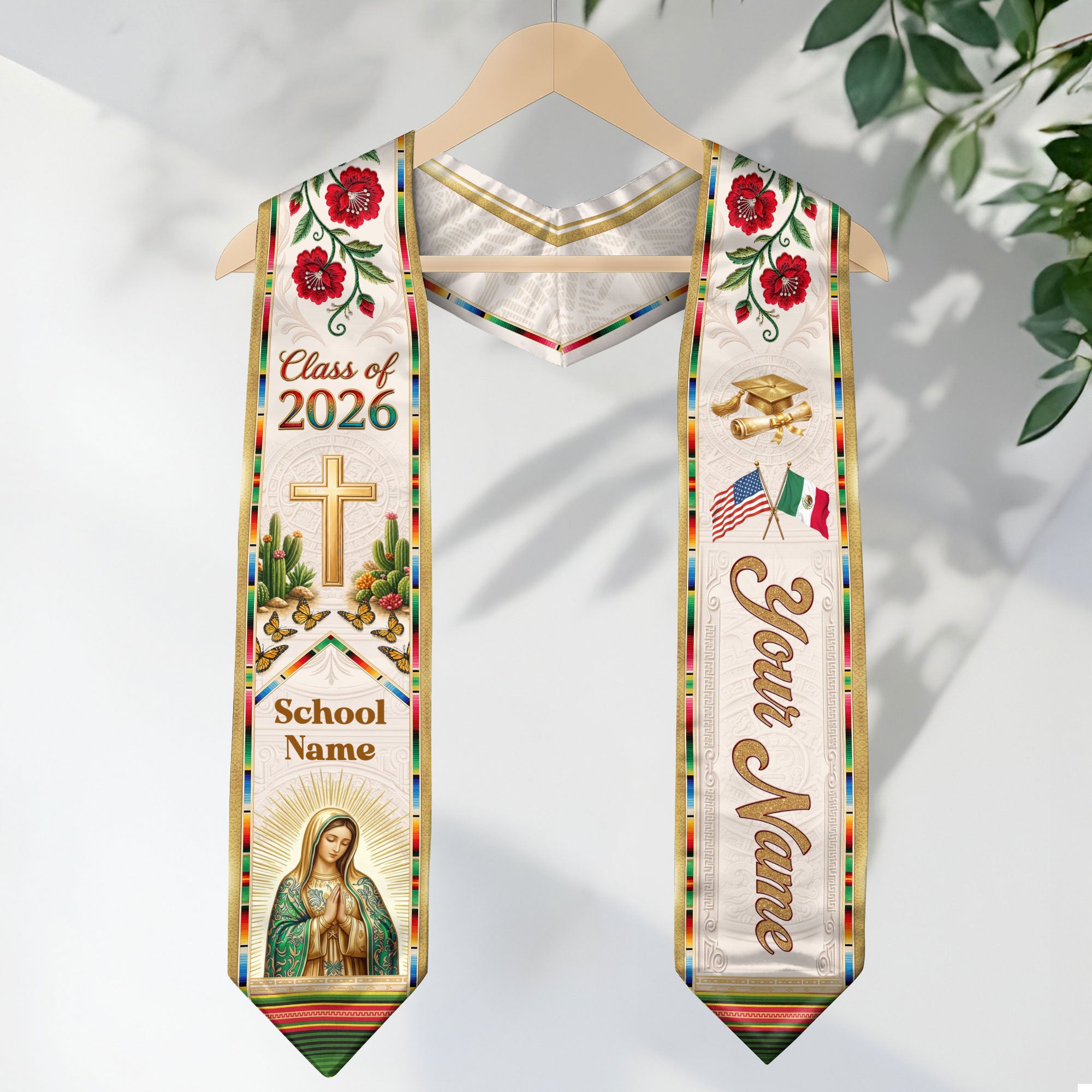 Mexican Heritage Graduation Stole 2026 - Custom Name School Virgin Mary Cross Floral Sash