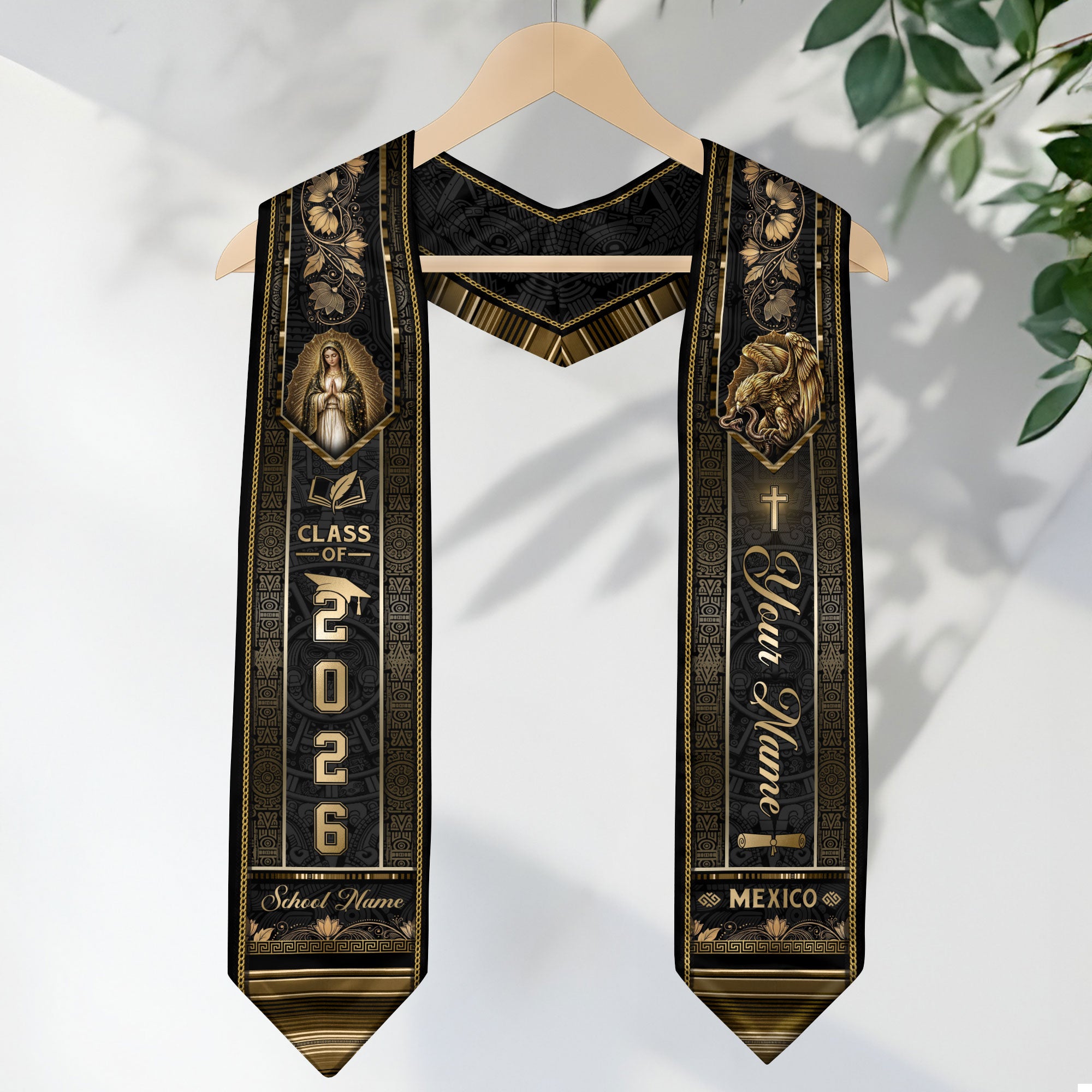 Mexico Graduation Stole Class of 2026 - Custom Name School Gold Black Sash