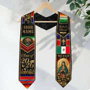 Mexican Heritage Graduation Stole 2026 - Custom Name School Eagle Virgin Mary Gold Sash