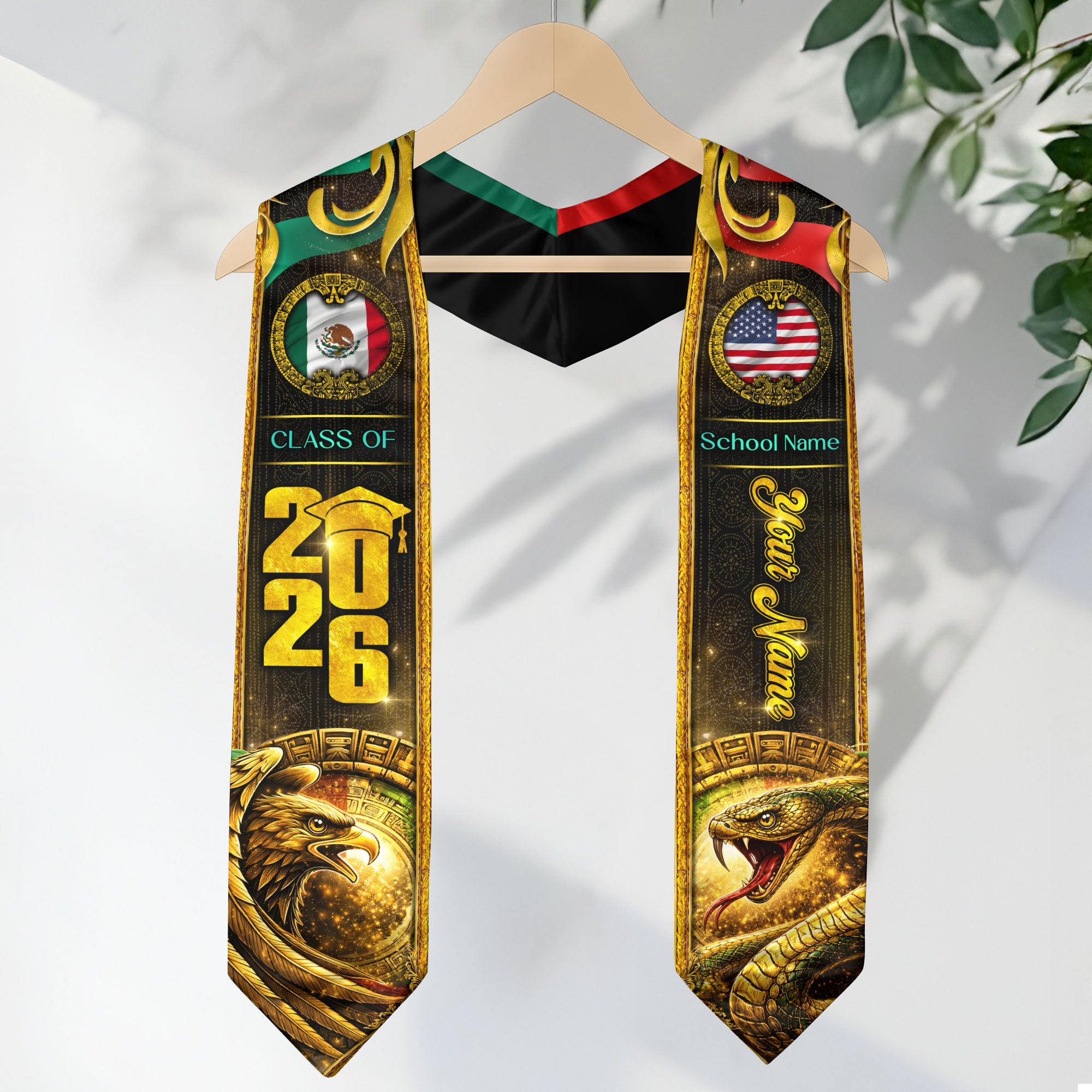 Custom Mexico USA Flag Graduation Stole 2026 Eagle Snake Mexican American Heritage Sash